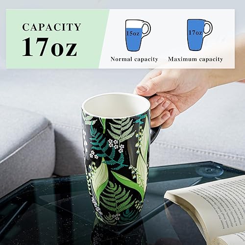Miniatura 11 de Taza de café de cerámica para regalo con tapa de 17 onzas, taza de té alta de porcelana con asa para el hogar y la oficina, taza con diseño