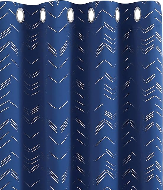 Amazon Brand - Umi Foil Printed Golden Line Blackout Curtains 66 x 72 Inch Blue 2 Panels Thermal Insulated Window Eyelet Boy Curtains Bedroom Curtains for Living Room