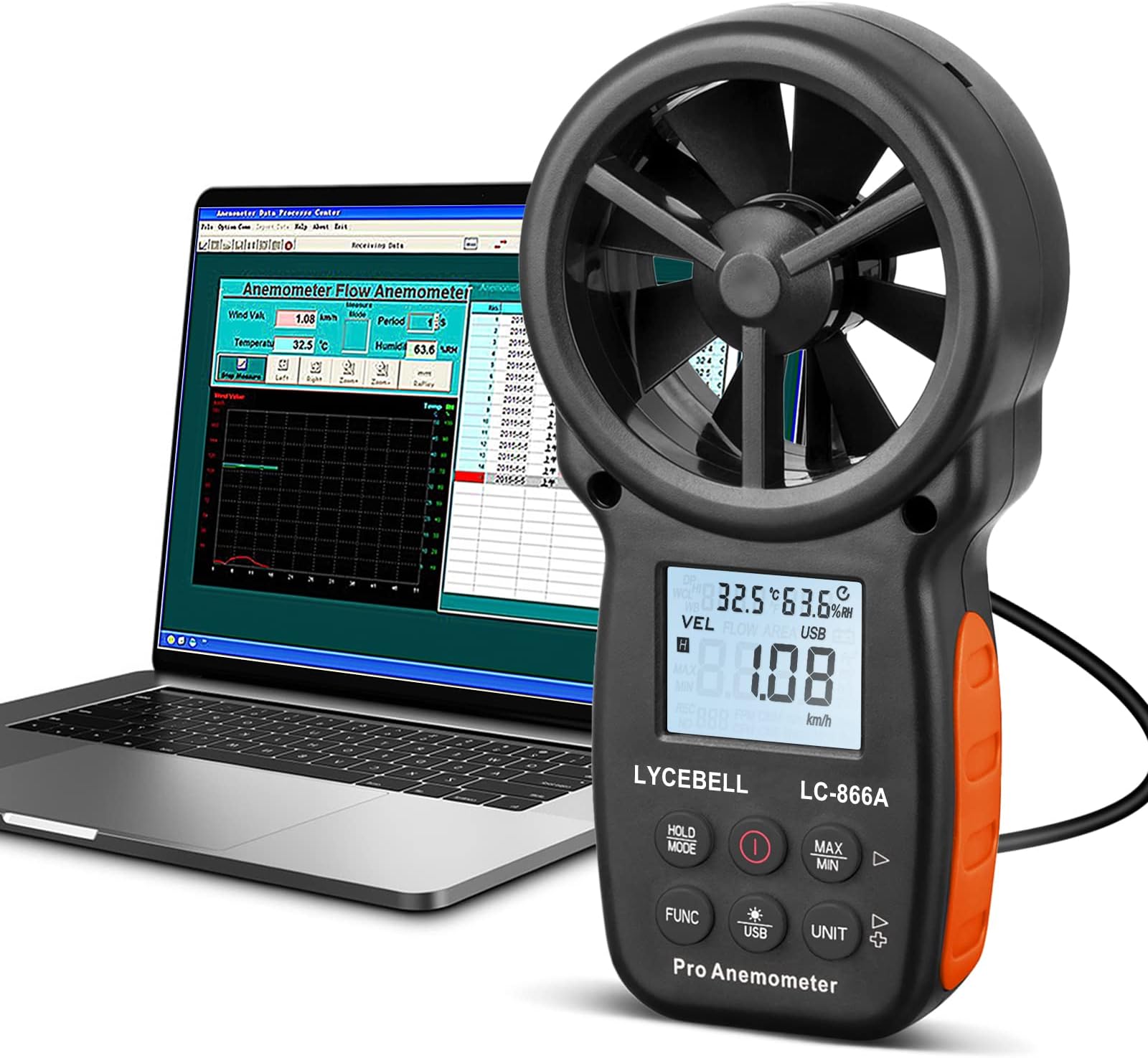 Handheld HVAC Anemometer LC-866A, Pro Digital Wind Speed Meter for Wind Velocity CFM Measuring, Air Flow Meter with USB Connection to PC, Data Hold & Backlit LCD for Balancing HVAC System