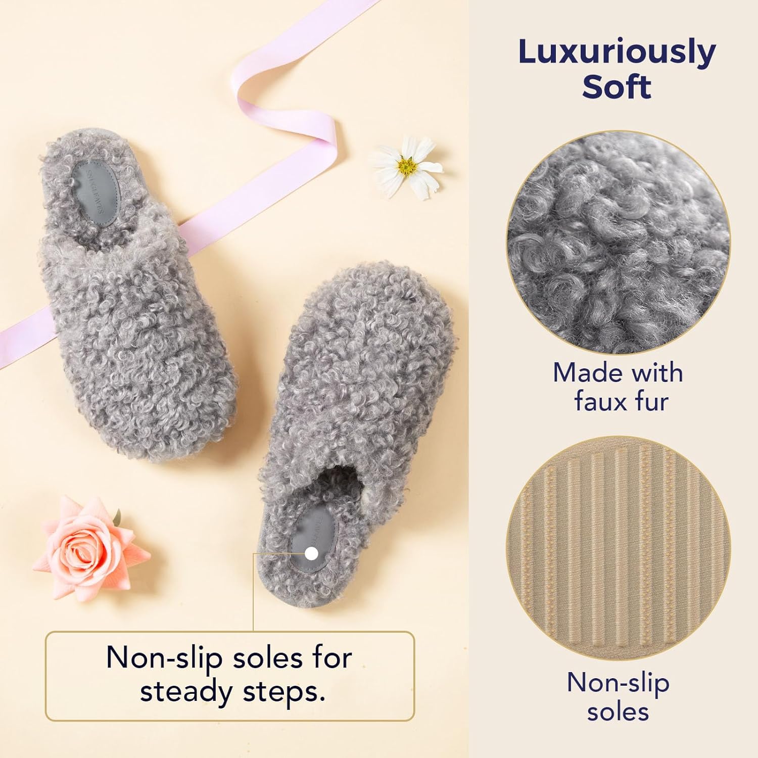 Snug Leaves Women's Scuff Slippers Furry Cute Curly Faux Wool Slip-on Indoor Memory Foam House Shoes - Image 3