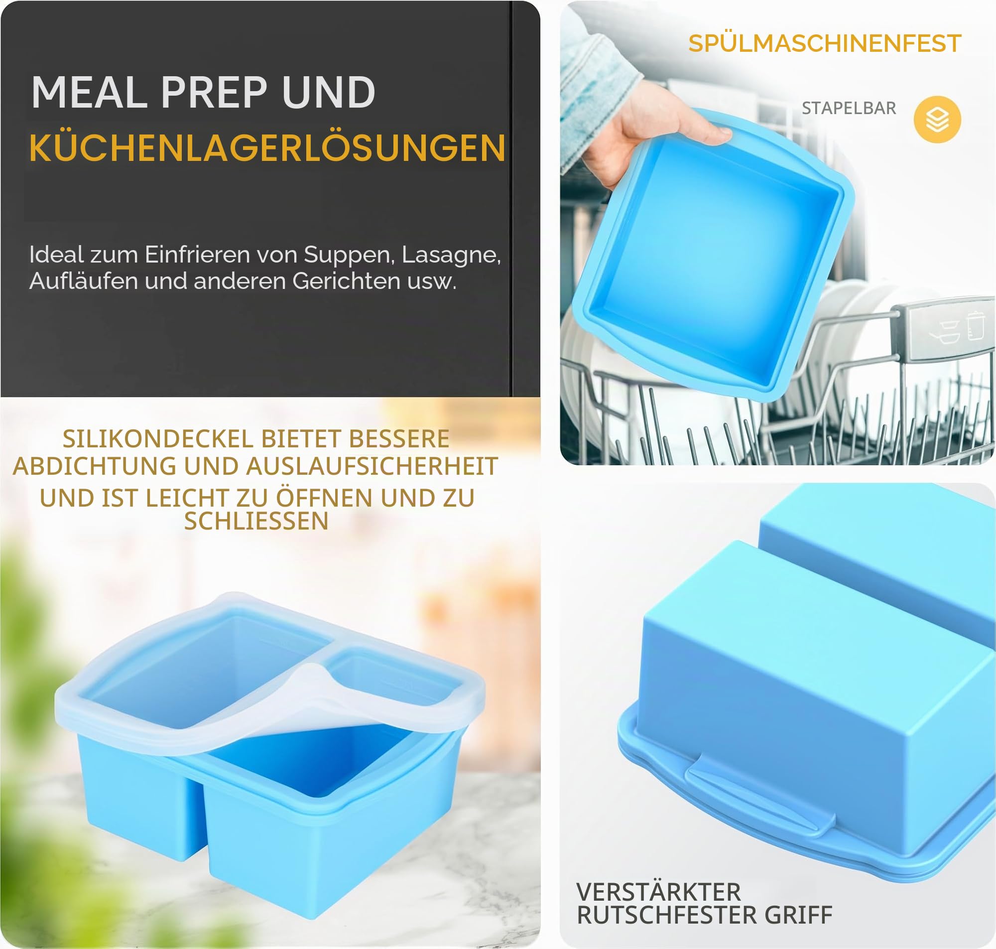 ZIP STANDING Silikon-Gefrierschalen mit Deckel, 4 Stück, mit 1 Tasse und 2 Tassen, Silikon-Gefrierformen zum Einfrieren von Suppen, Saucen und individuellen Mikrowellengeeignet