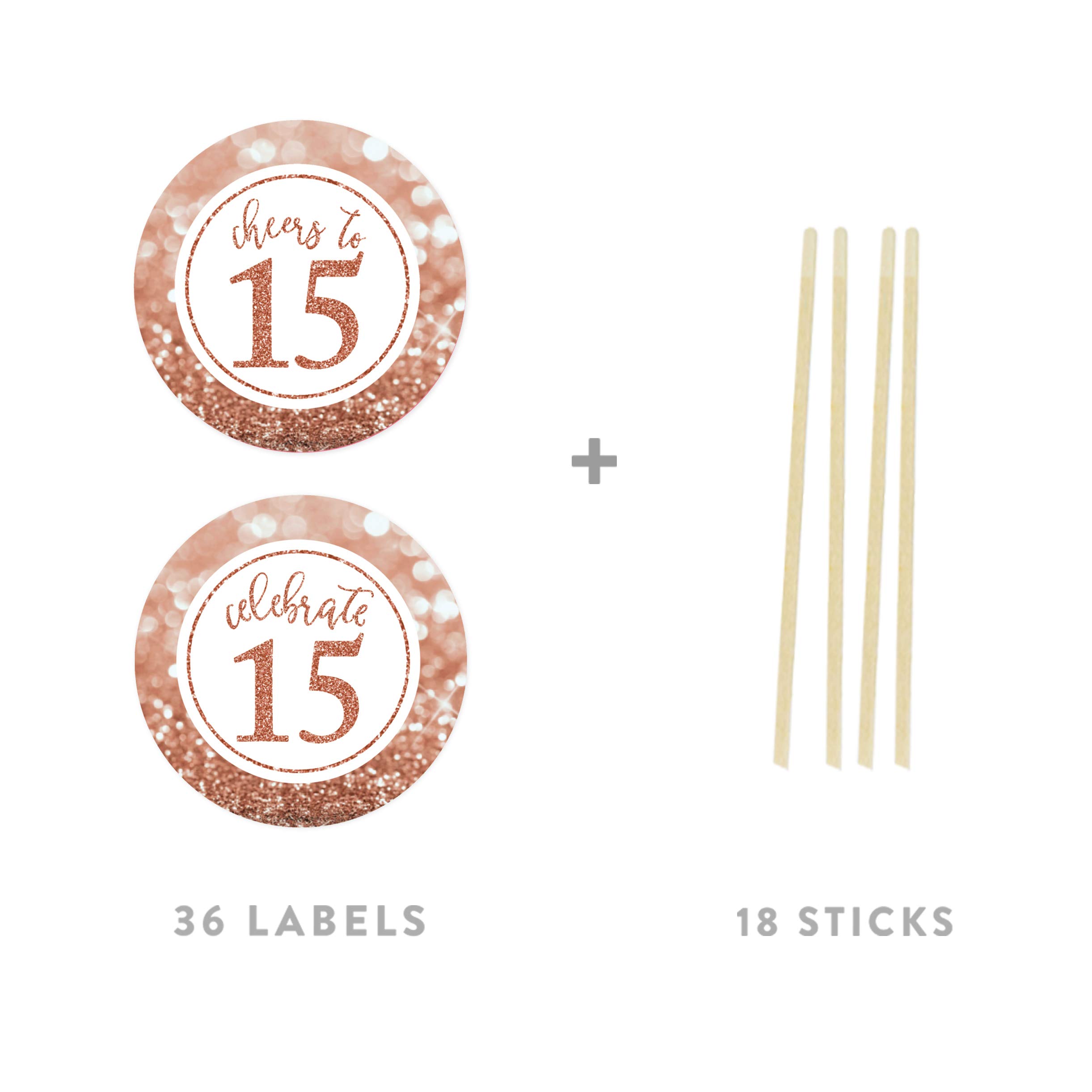 Andaz Press Glitzy Faux Rose Gold Glitter Round DIY Cupcake Toppers, Cheers to 15 Years, Mis Quince Quinceanera 15th Birthday or Anniversary, 20-Pack, Cake Dessert Party Decor