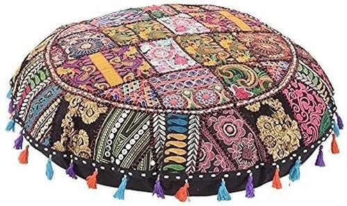 Generic Craftstore - Funda de cojín redonda de algodón con lentejuelas y cuentas, estilo bohemio, funda para sofá (Negro)