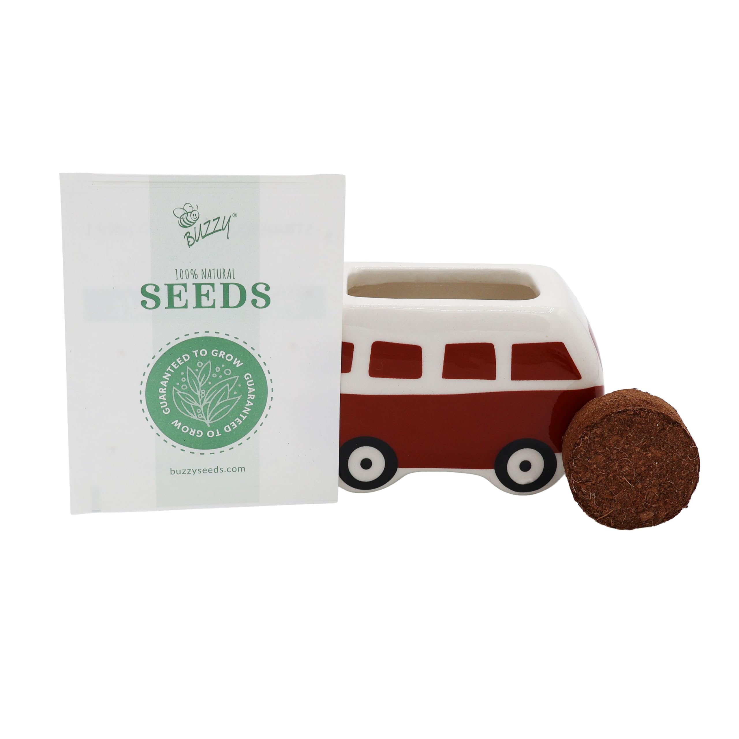 BUZZY Samen-Mini-Blumenbus-Anbauset aus Keramik, 4 Stück, Bus-Keramik-Pflanzgefäß, komplettes Gartenset für drinnen und draußen, mit Samen, Kokosnussschalen-Wachstumsmedium und echten Töpfen