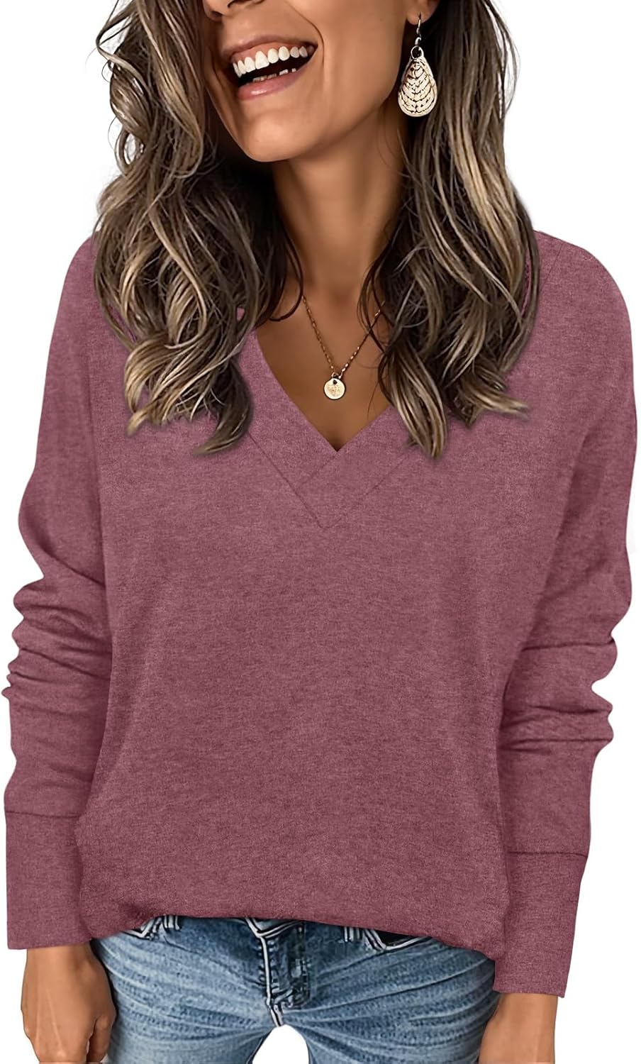 CATHY Women's Basic Pullover V Neck Long Sleeve Tunic Tops Casual Loose Fitting Tshirts for Leggings