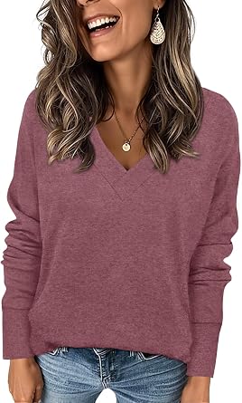 CATHY Womens Basic Pullover V Neck Long Sleeve Tunic Tops Casual Loose Fitting Tshirts for Leggings