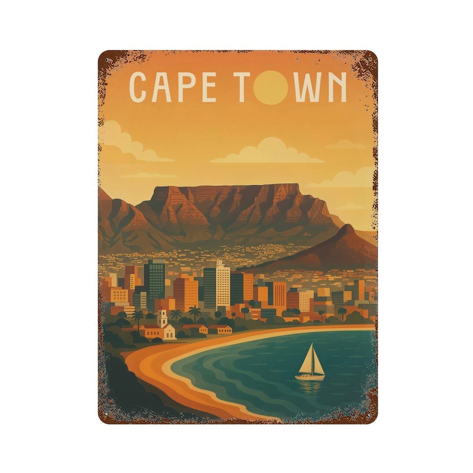 Cape Town Travel Poster South Africa – Table Mountain And Ocean Breeze Rust Effect Tin Sign 15.7"x11.8", Rustic Home Decor for Garage, Pub Or Kitchen