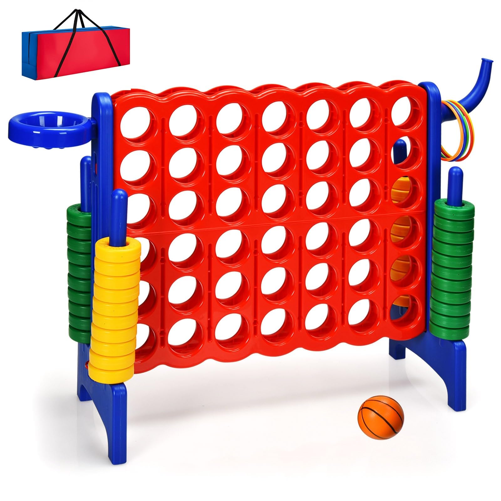 KOTEK Giant 4-in-a-Row Game, Jumbo 4-to-Score Family Game w/Quick-Release Sliders, 42 Rings, Ring Toss & Basketball Hoop, Connect Yard Game Outdoor for Kids & Adults (with Carrying Bag, Blue)