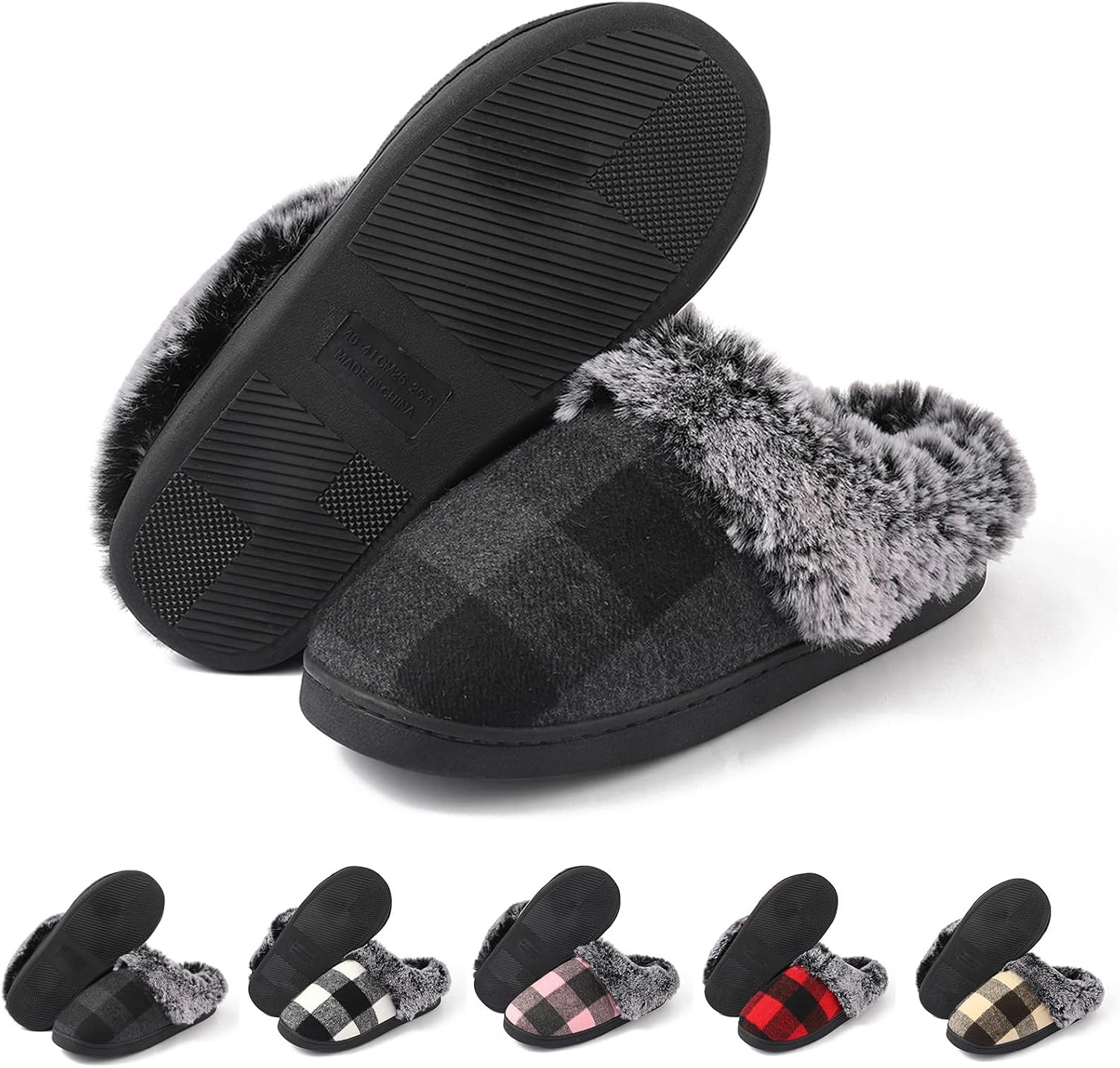 Yueerlu House Slippers for Women Men, womens Checkered Slippers on House Shoes Cozy Memory Foam Scuff plaid Shoes with Fuzzy Faux Fur Comfortable Non-Slip Warm Fuzzy indoor outdoor