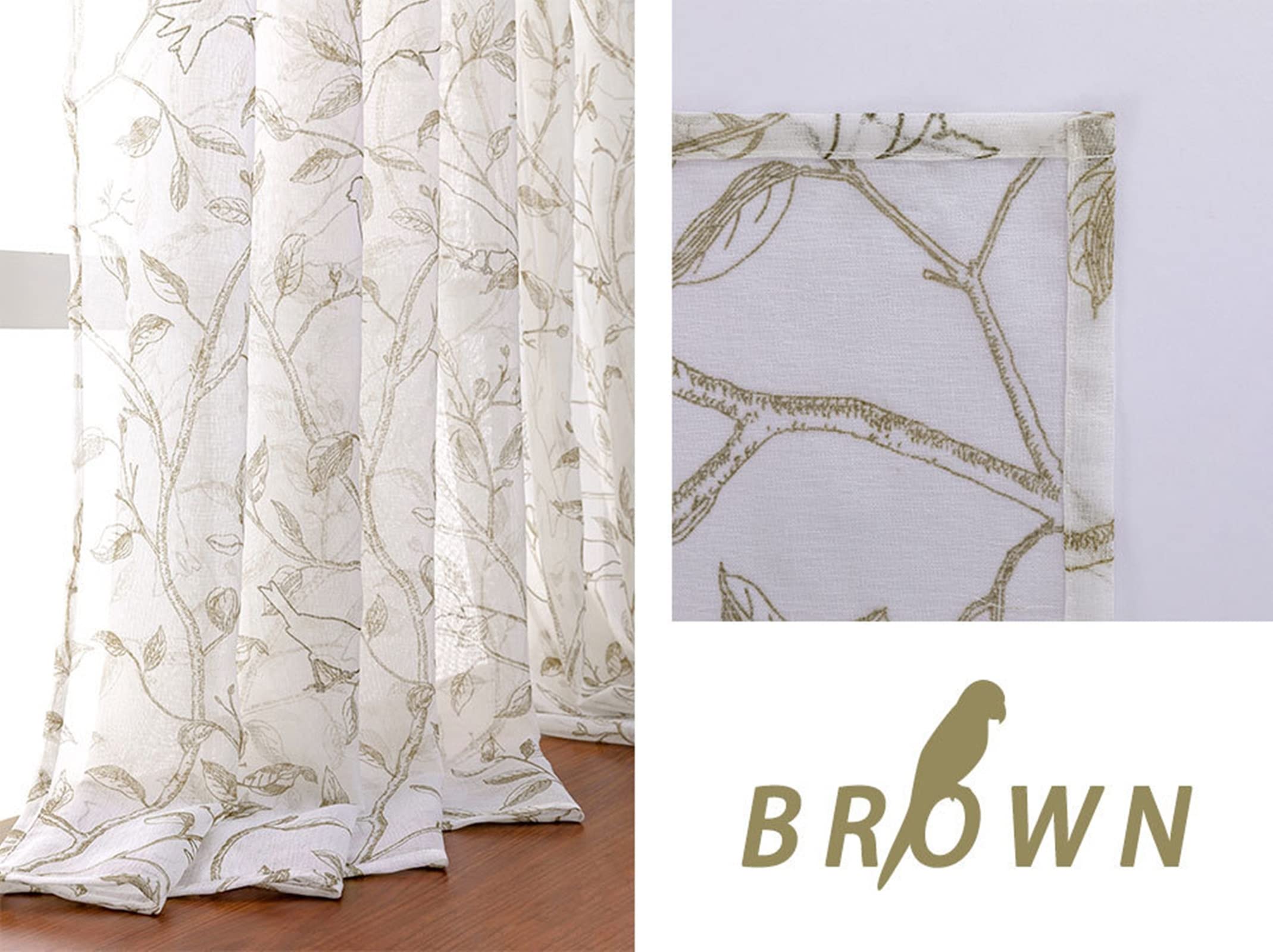 Daesar Zasłony półprzezroczyste z nadrukiem z motywem ptaka i drzewa, zasłony okienne z oczkami, brązowe 137 x 160 cm, zasłony do salonu, zestaw 2 sztuk