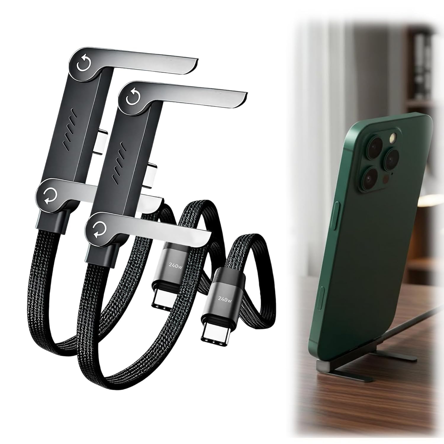 2026 New T-Shaped Durable USB-C to USB-C Charger Cord, Seivble 240W Braided Fast Charge Cable with Built-in Phone Stand, Cord with Foldable Phone Holder (2pack)