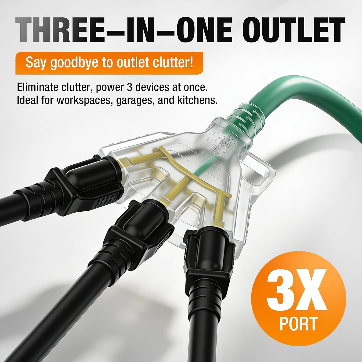 50 FT 16/3 Gauge Outdoor Extension Cord with Multiple Outlets Light Indicator, Flexible 3 Outlets Splitter Weatherproof Heavy Duty Extension Cord Waterproof, 13A 1625W 16AWG SJTW, ETL Listed (Green)