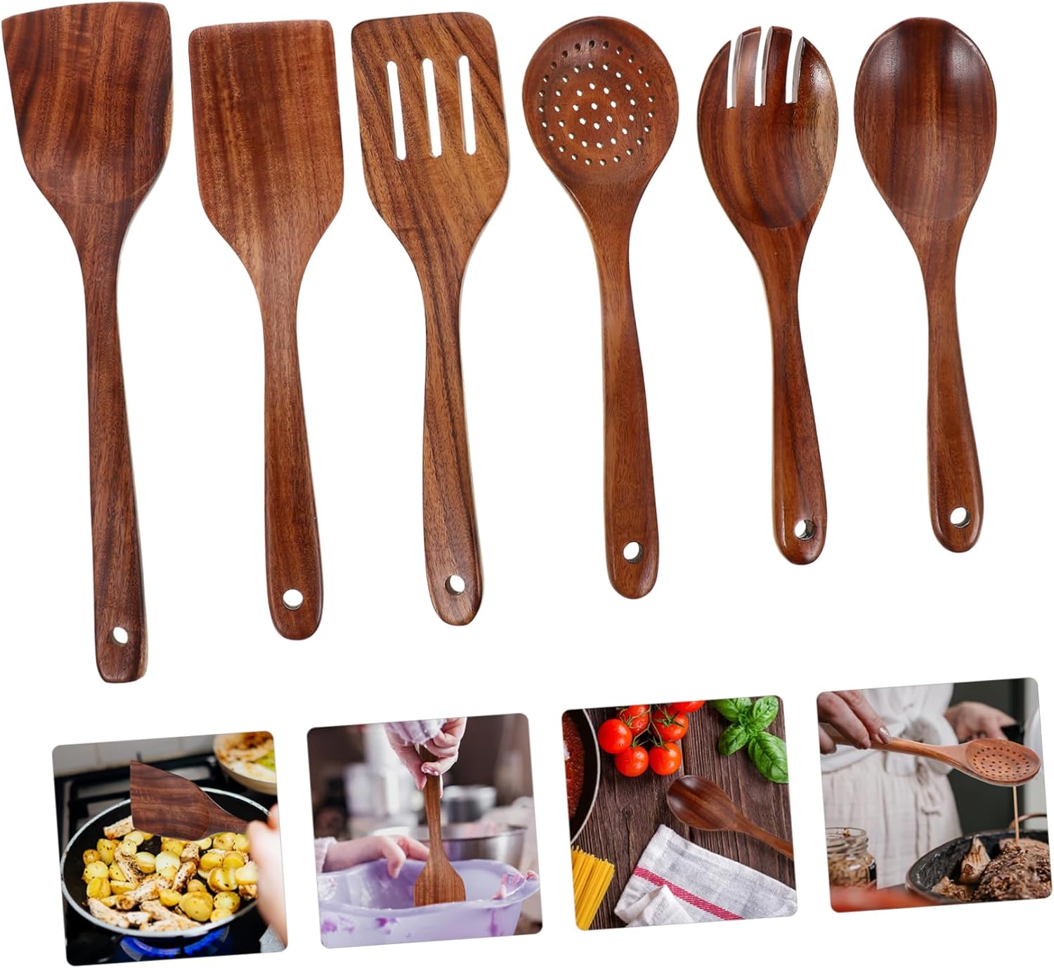 Healifty Teak Wood Kitchen Utensil with Long Handles Wooden Cooking Spoons Fork and Spatulas for Home Restaurant and Hotel Use Smooth Surface Easy to Clean and Store