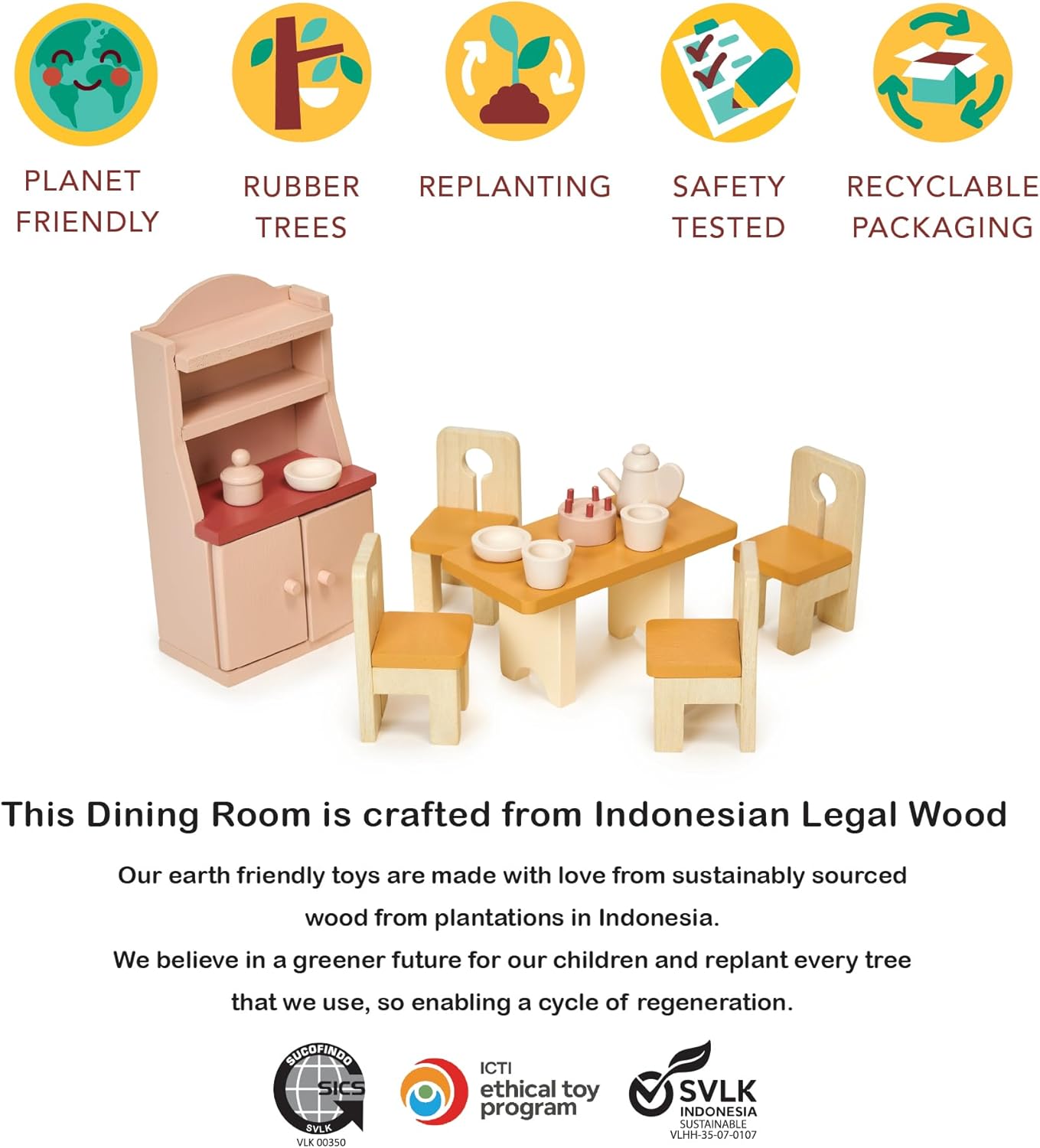 Mentari Toys - Dining Room - Wooden Dollhouse Furniture Set for Dollhouse Dining Room - Furniture Incl Table, 4 Charis, Sideboard and Other Accessories - Age 3+