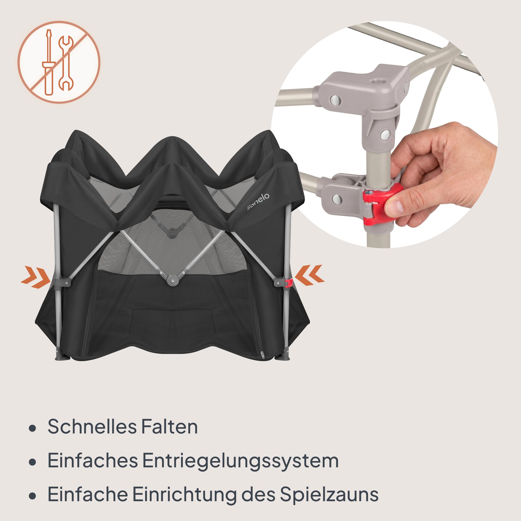 LIONELO Paco Baby Laufstall Faltbar 111 x 111 cm, Kompaktes Laufgitter für Zuhause und Reise, ab Geburt bis 4 Jahre, 4,1 kg, Mit Tragetasche, Netzseiten, Seiteneinstieg, bis 15 kg