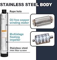 Vista 3 de WASSERMANN Bomba Sumergible Séptica de 4" para Efluente/Cisterna con Succión Inferior con Cable de 33 pies, 1/2HP, 115V/60HZ, 26GPM, Altura de 138