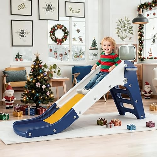 MAMIZO Juego de tobogán 3 en 1 para niños pequeños, juego de escalador de tobogán extra largo con aro de baloncesto y pelota, peldaños