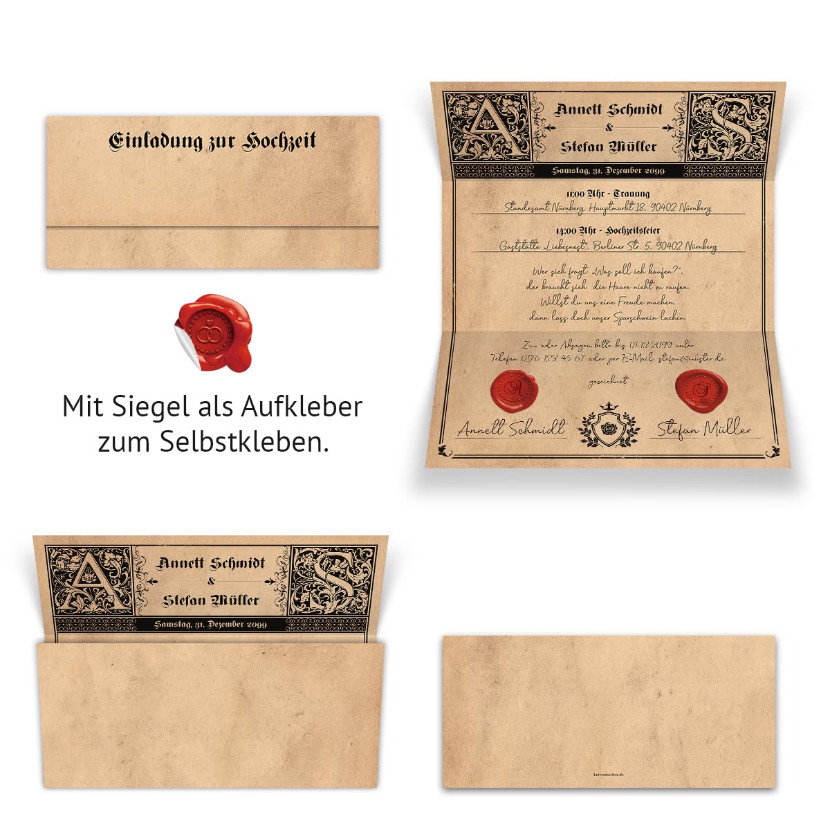 Personalisierte Hochzeitseinladungen Als Siegelbrief – Wickelfalz, Ab 10 Stück, Mit Aufklebern