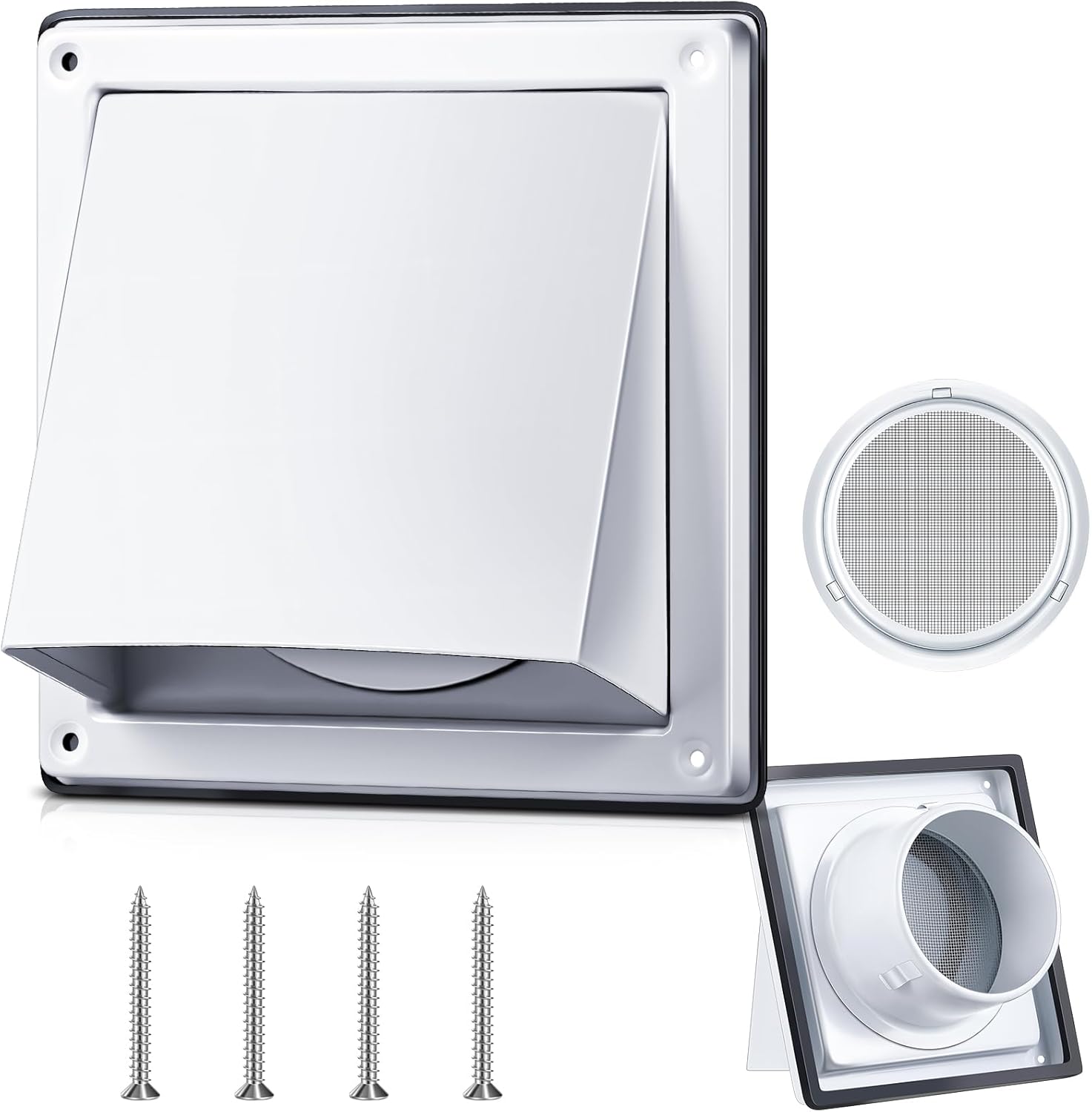 Gisafai 4 Inch Dryer Vent Cover Outdoor with Stainless Steel Screen White Wall Dryer Exhaust Vent Cover External Cap Cushioned Non Return Flap with Sealing Gasket Grille, Bird/Insect Proof