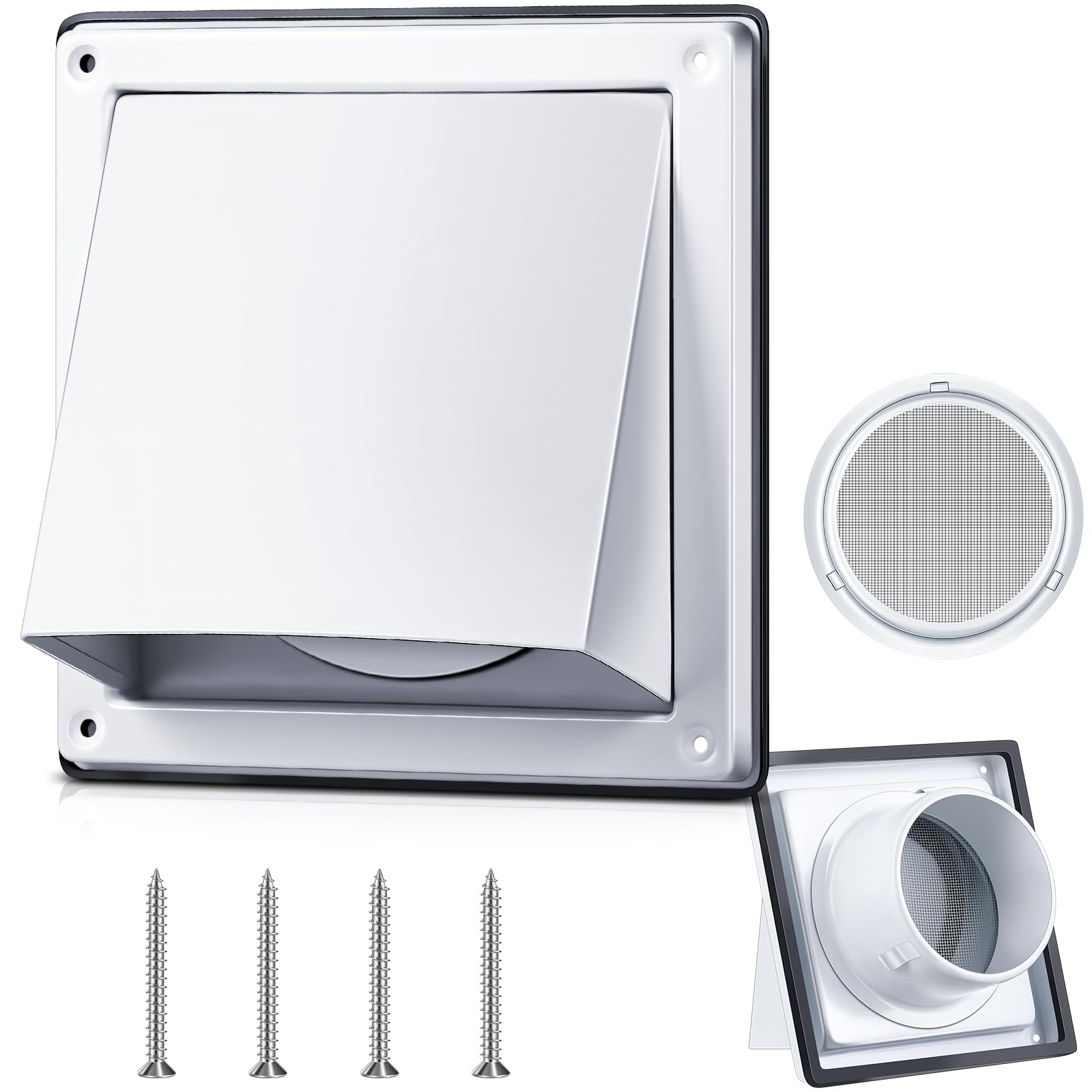 Gisafai 4 Inch Dryer Vent Cover Outdoor with Stainless Steel Screen White Wall Dryer Exhaust Vent Cover External Cap Cushioned Non Return Flap with Sealing Gasket Grille, Bird/Insect Proof