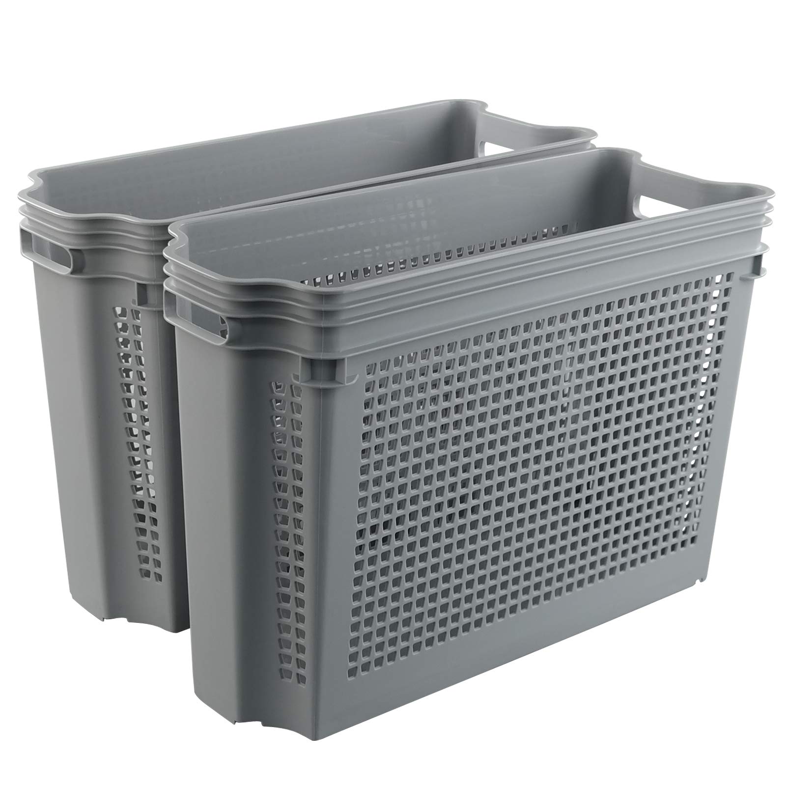 Rinboat 17 L Plastic Stacking Storage Baskets, Grey Stackable Storage Bin, 6-Pack