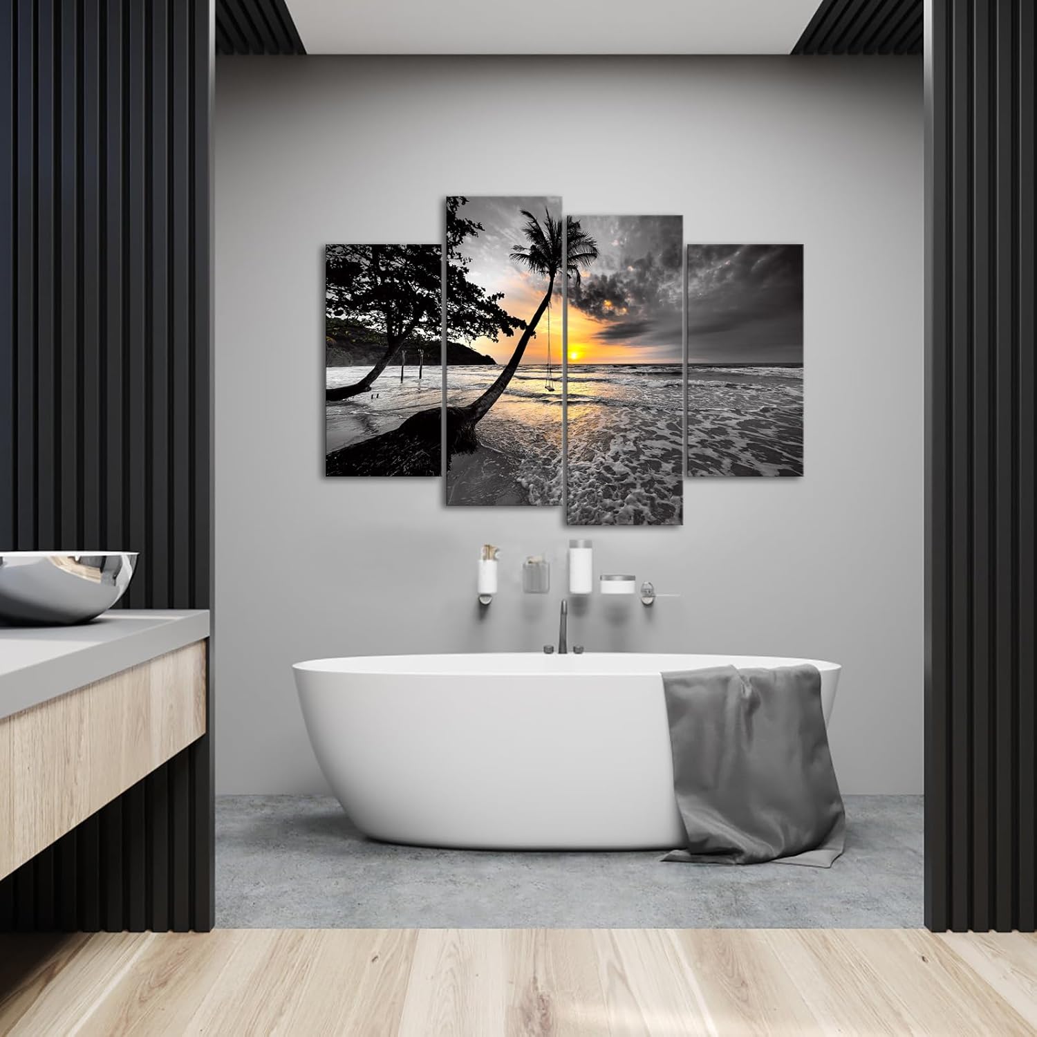 LyerArtork 4 Panel Black and White Nature Wall Art Canvas Print Tree and Sunset Beach Landscape Pictures Wall Decor for Living Room Bedroom