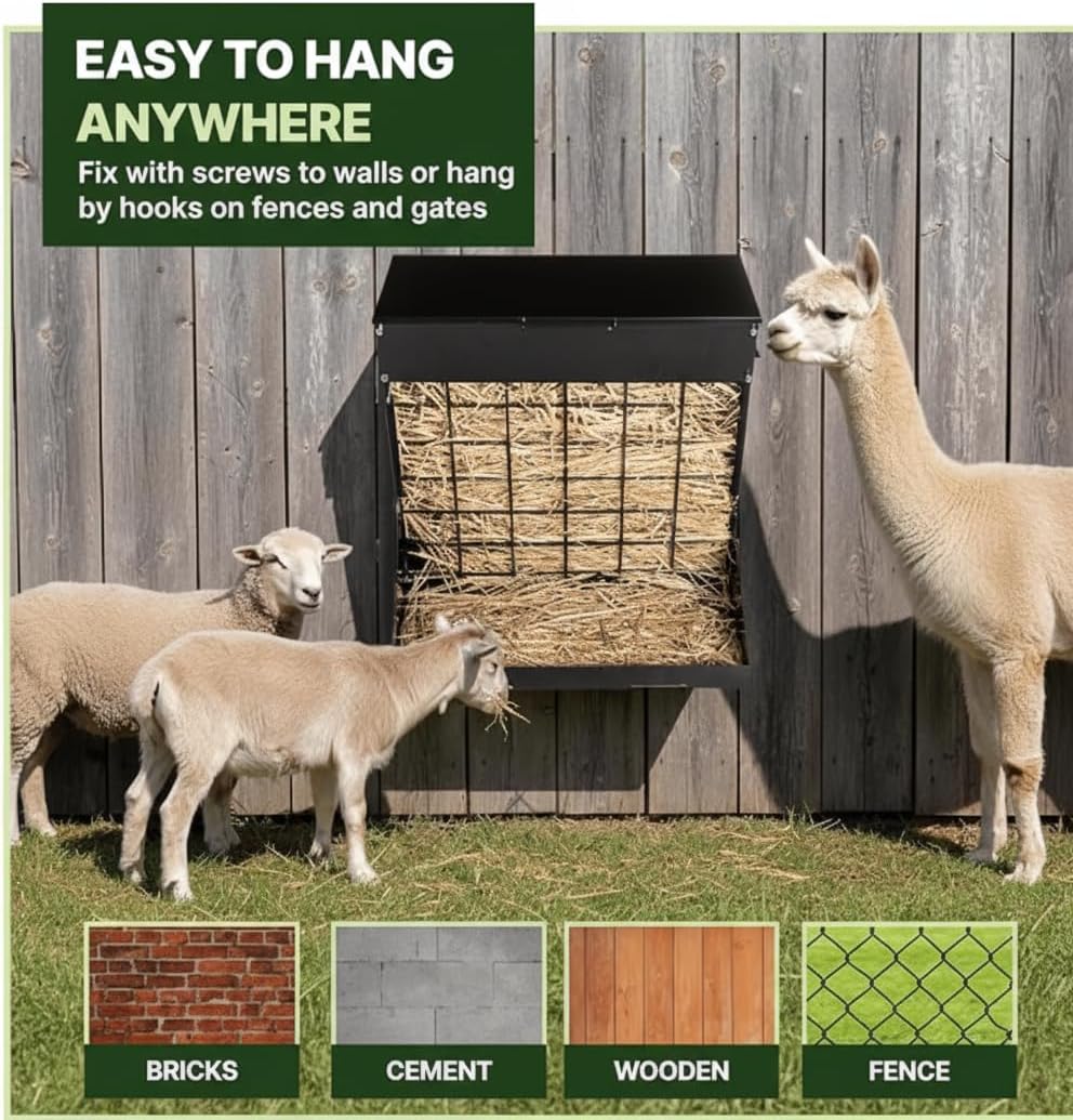 Wall Mount Hay Feeder for Goats, Covered Feeder for Horses with Roof, 2in1 25 Gallon hay Rack & Grain, Hanging Hook on Fence Mount, Galvanized Steel Goat hay Feeder for Sheep Cattle - Black