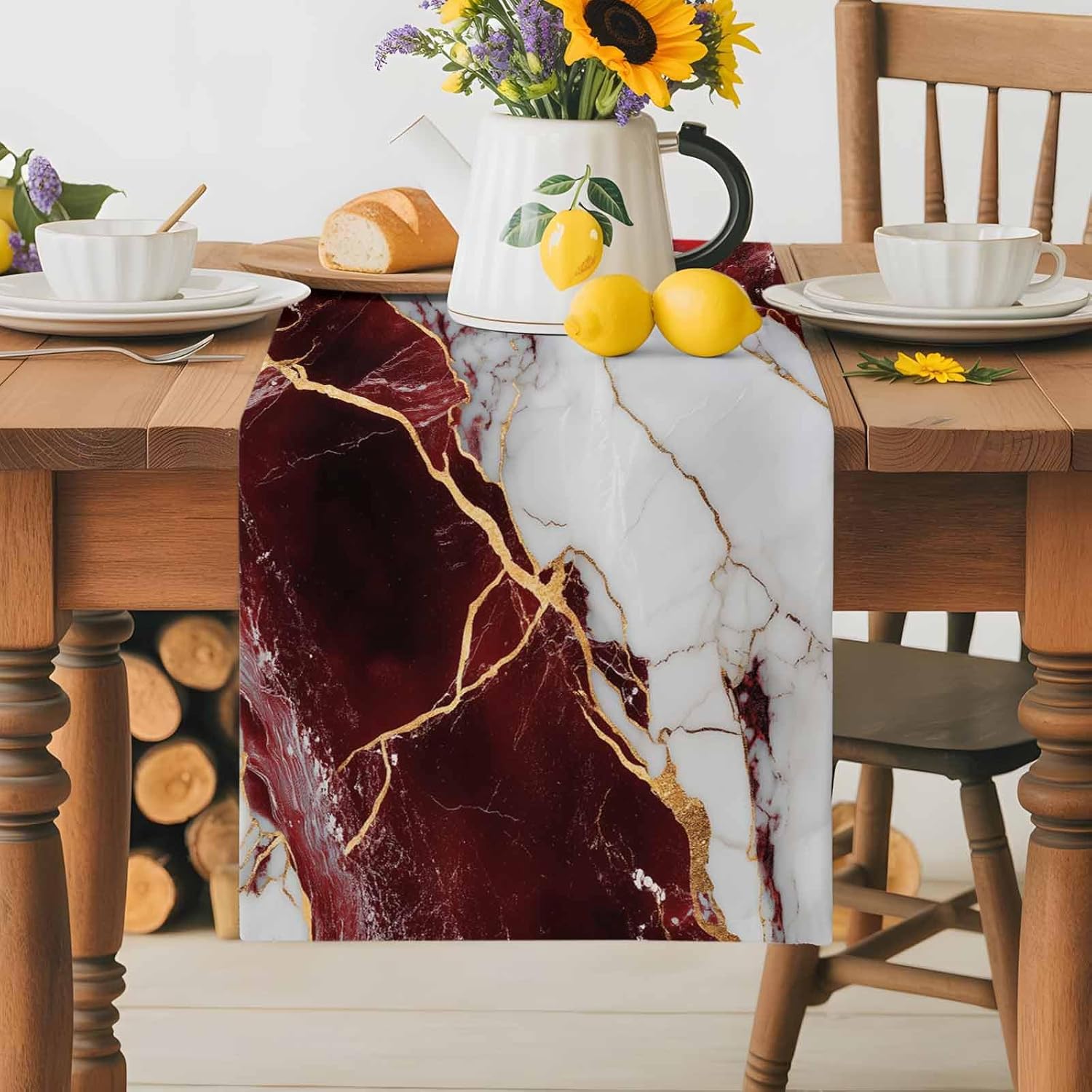 Table Runner-120 Inches Long Modern White Red Gradient Gold Line Tablerunners Decorative Dresser Scarves Abstract Marble Texture Tabletop Scarf for Indoor Outdoor Wedding Holiday Party