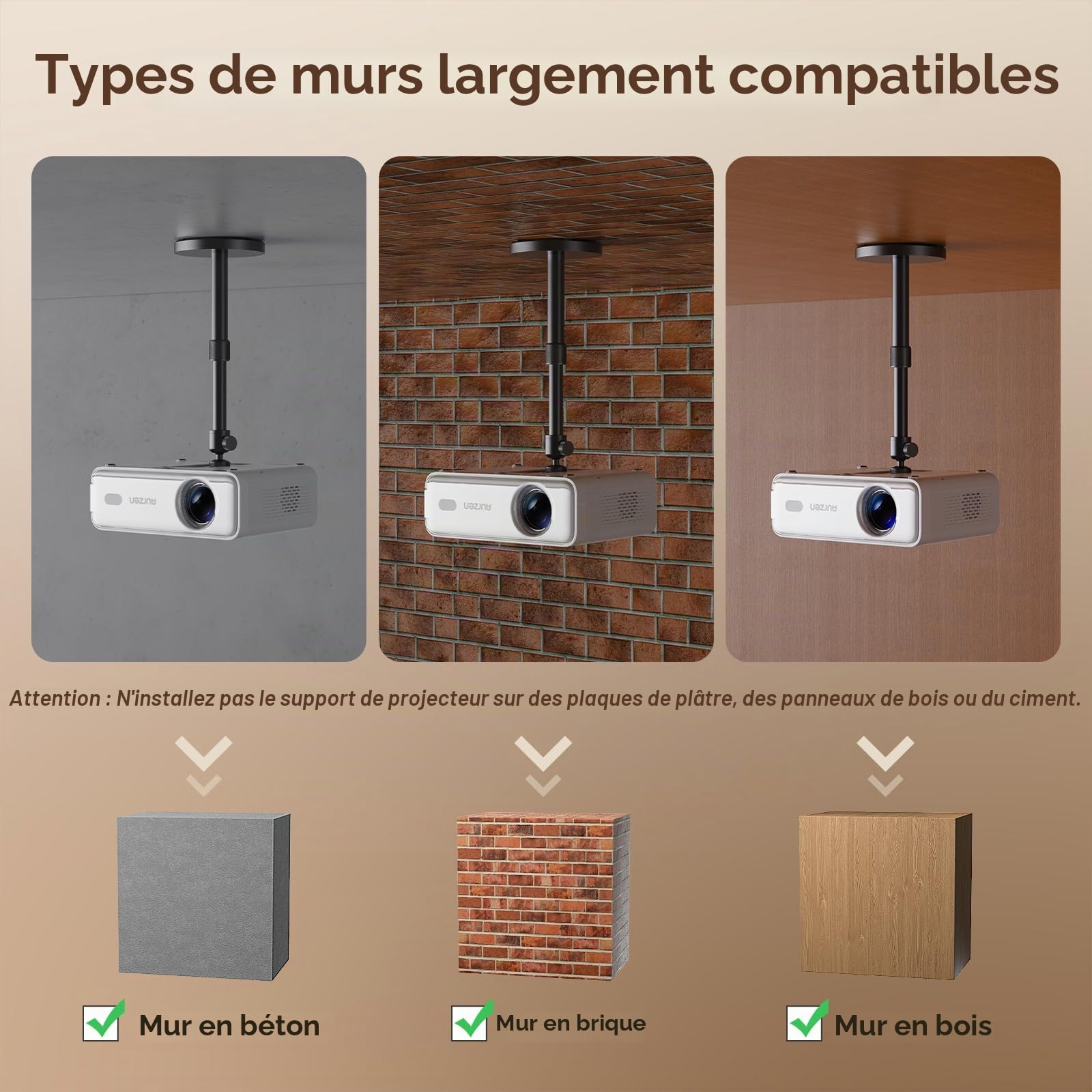 Aurzen Support Plafond pour projecteur, Rotatif à 360° et inclinable à 90° | Réglable de 9 à 15", vis 6,35 mm, compatible avec la plupart des projecteurs, dont Aurzen, Epson et Yaber.