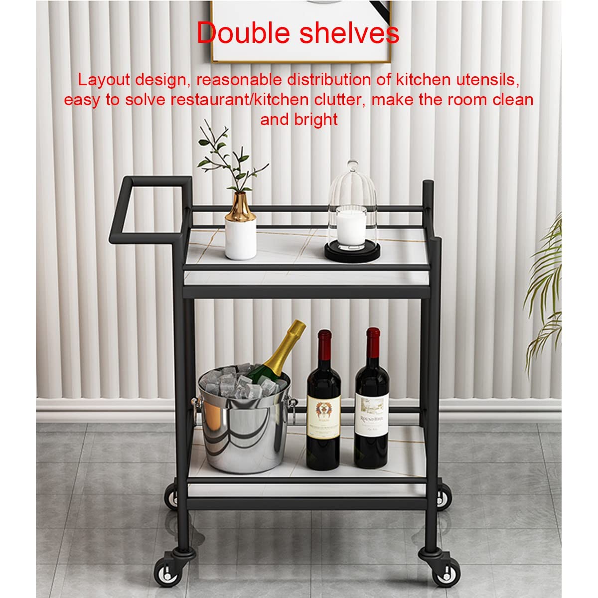 Carrello da tè ecologico in legno con ruote universali, perfetto per servire birra e vino Drin Craft in hotel, scaffali Ele Black & d per cene sofisticate