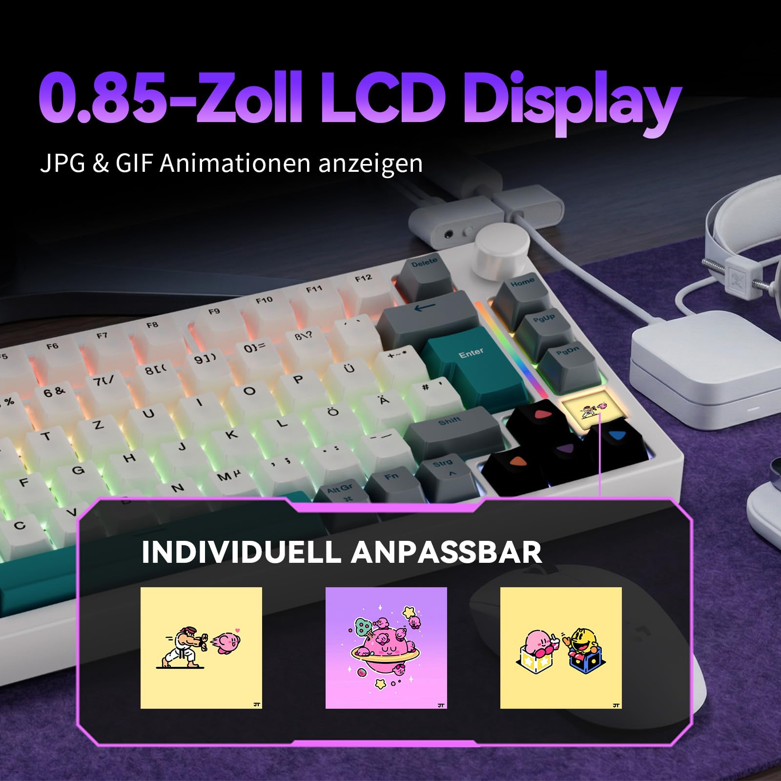 GK GAMAKAY TK75 SOCD 75% Tastiera meccanica silenziosa QWERTZ (layout ISO-DE) con schermo TFT, BT 2,4 GHz USB-C 8 KHz (GamaKay Phoenix Switch)