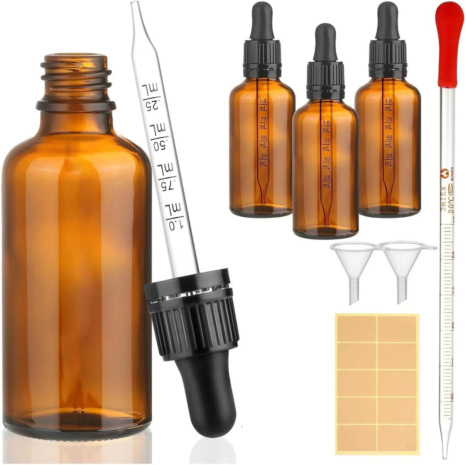 Pipette Bottle, Glass Pipette Bottle, 4 x 10 ml Brown Pipette Bottles are 2 Funnels, 1 Label and 1 Glass Dropper Included, Apothecary Bottle Pipette, Pipette Bottle Brown Glass, Glass Bottles for
