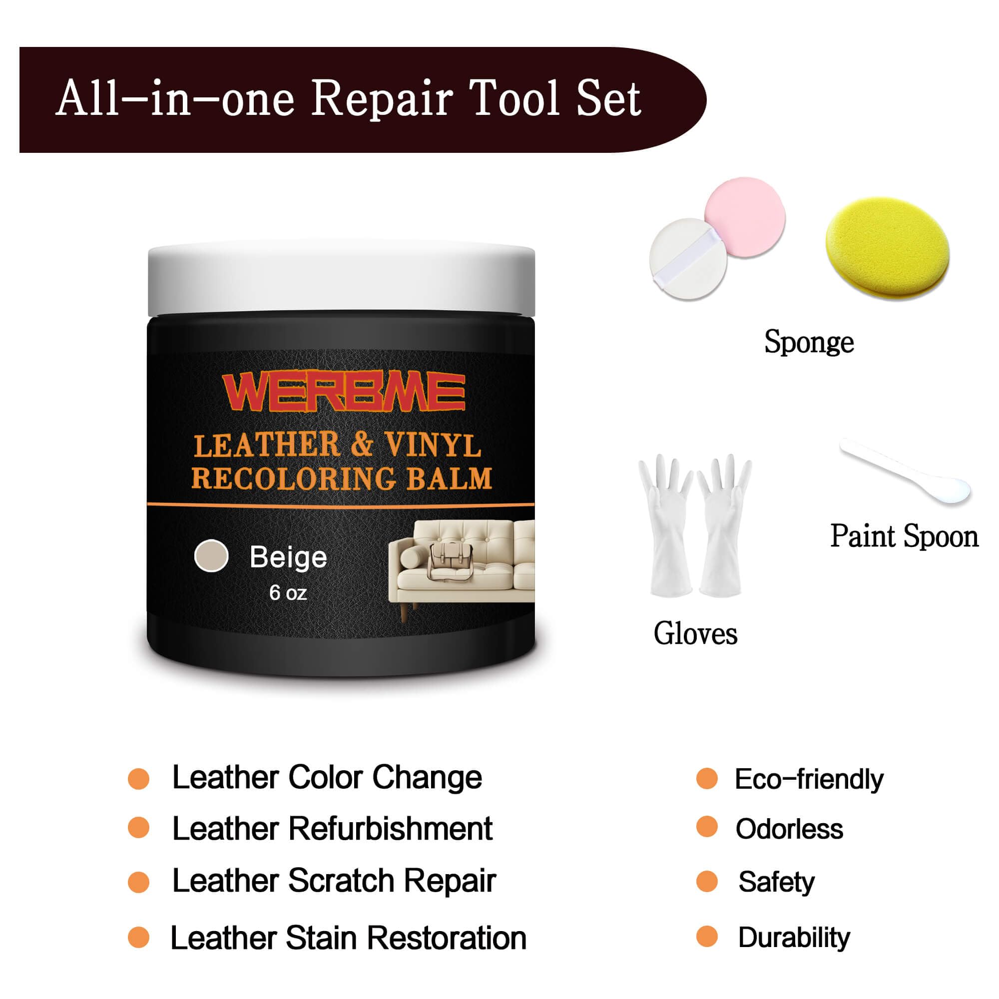 Bálsamo de recoloración de cuero, restaurador de color beige de 6 onzas para arañazos y decoloración, kit de reparación de cuero para restaurar y renovar muebles, asientos de coche