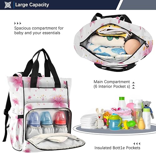 Miniatura 5 de RunningBear Bolsa de pañales sin costuras con diseño de lirio rosa para bebé, mochila para pañales para mamá, bebé, mochila multifunción de viaje