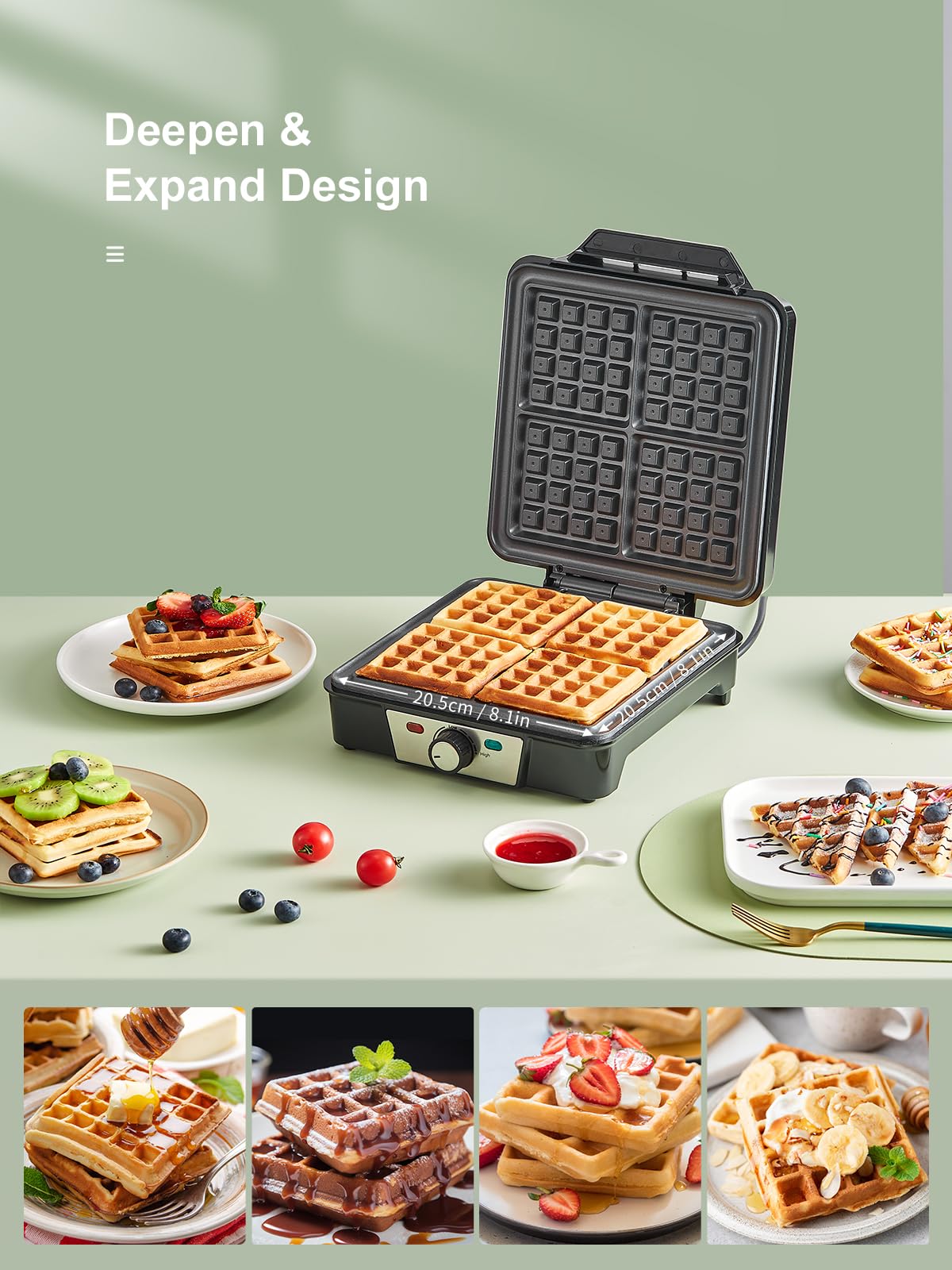Gaufrier Belge 1200W, Contrôle de Température à 5 Vitesses, Appareil a Gauffre Electrique, Poignée Thermo-isolante, Lumière de Cuisson, Machine à Gaufres Professionnel