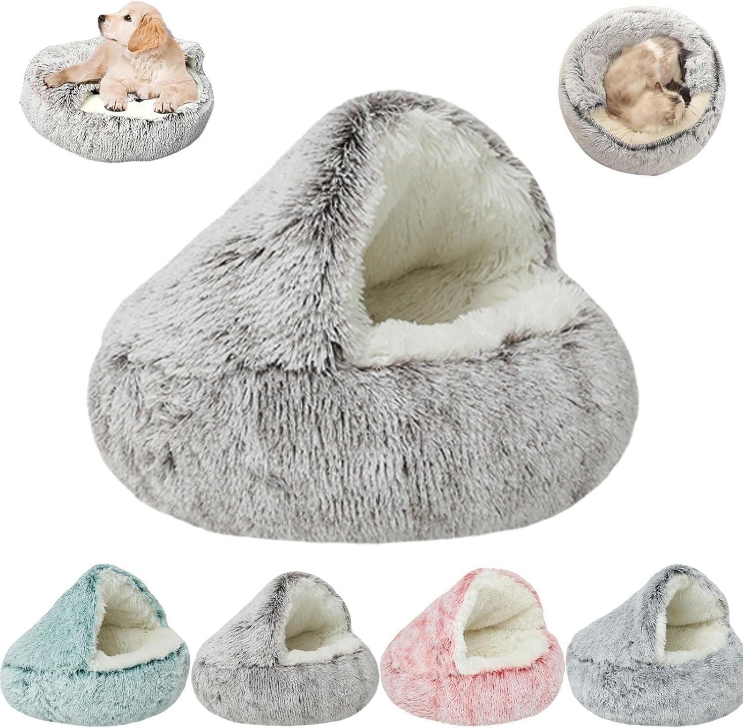 Giurui Lapcatz Nest, Plush Fluffy Hooded Calming Cat Bed Cave, Washable, Cozy Indoor Cave Bed, Round Cat Mattress (Coffee, 40cm)