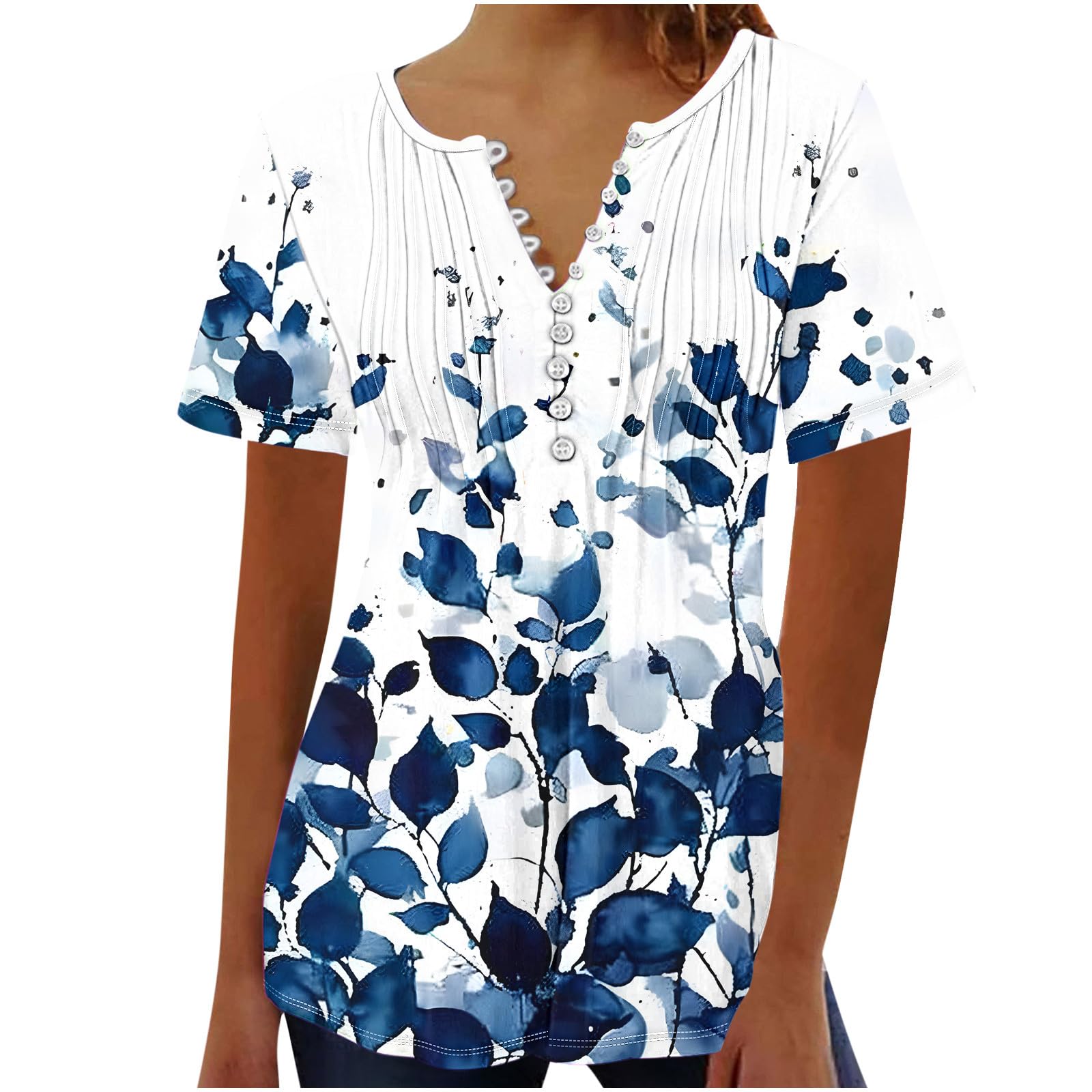 Yoloke Lightning Deals of Today 2023 Womens Tops Dressy UK Casual Short Sleeve Hide Belly Shirts Summer Pleated Button V Neck T-Shirt Sale Clearance Ladies Floral Tunic Tops