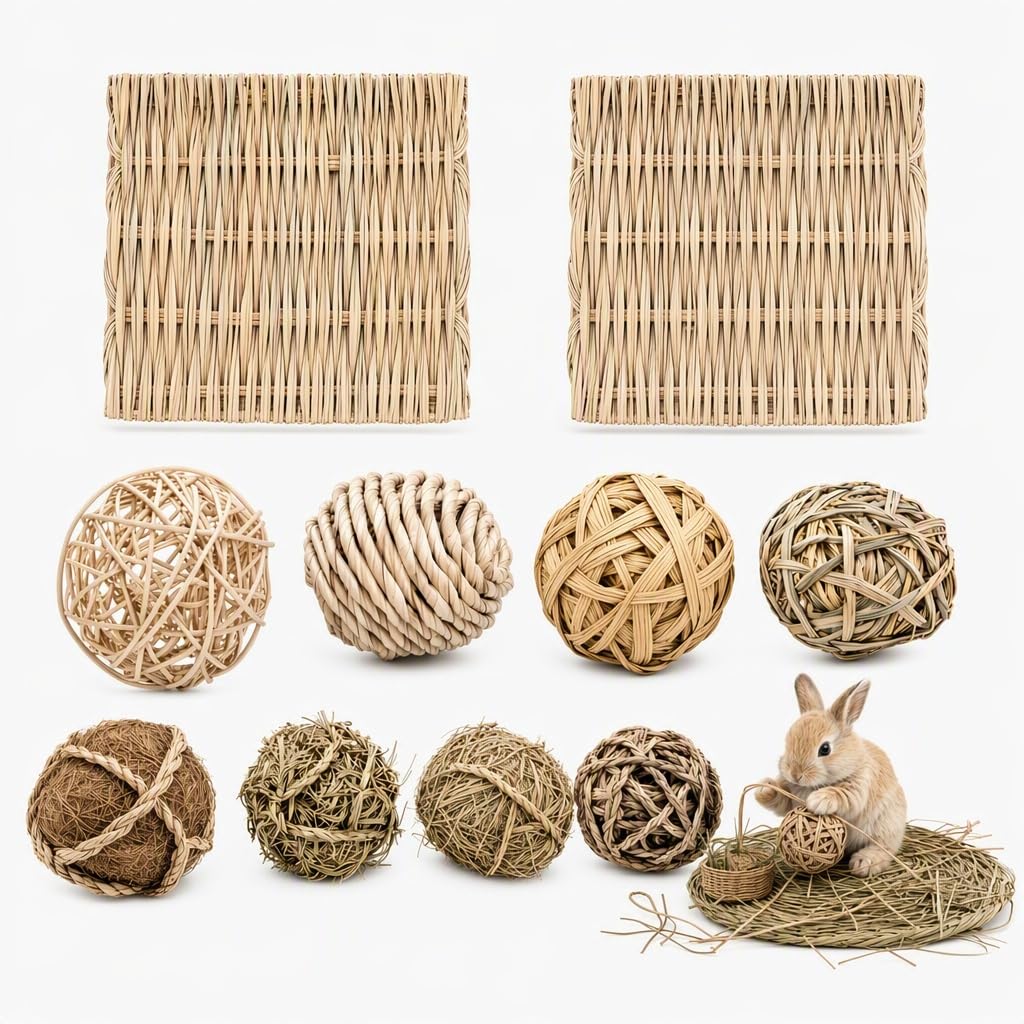 Ruzwipic 10pcs Natural Rabbit Toys Set, Guinea Pig Toys with Grass Mat Beds
