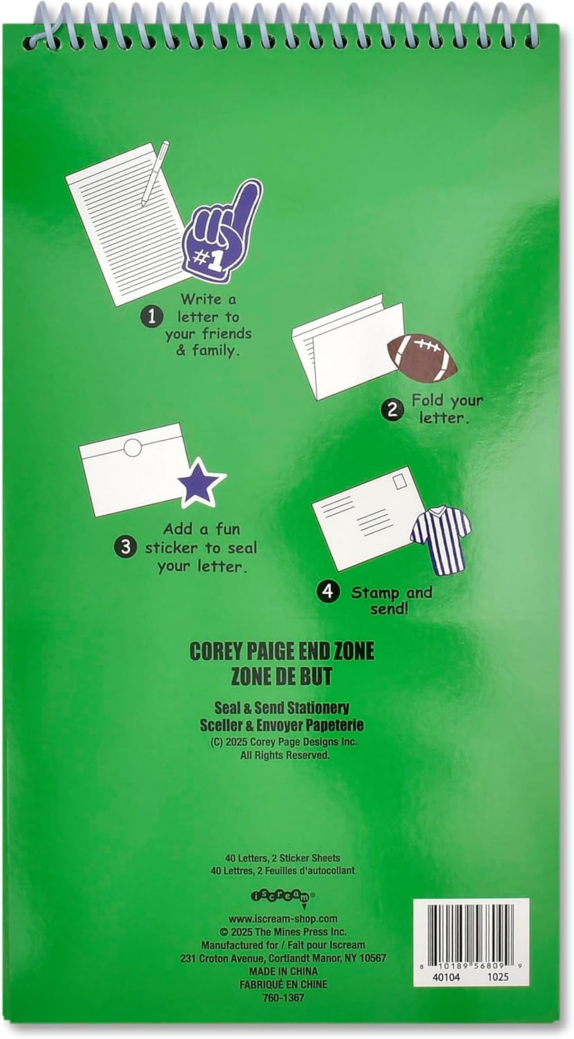 iscream + Corey Paige Designs Fold and Send Boys Stationery Set - Football | 40 Pack, Fun Print, Spiral Bound, Large 10.5" x 5.75" Cards, Coordinating Sticker Sheets, Fold and Send, Summer Camp Ready