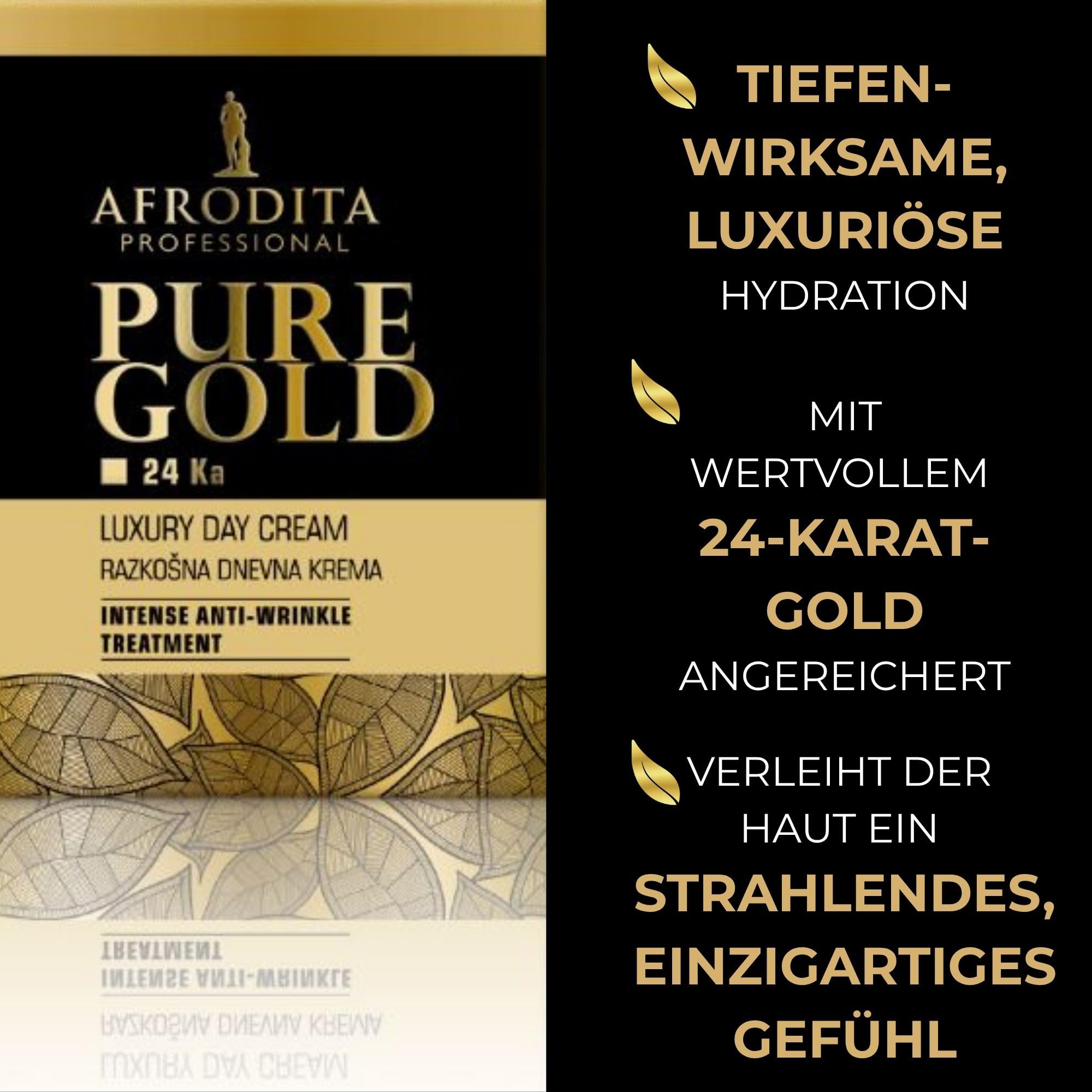 Afrodita Professional Pure Gold 24K Luxus Tagescreme, Anti-Aging Gesichtscreme für Damen, intensive Feuchtigkeit & Straffung für reife normale bis trockene Haut, vegan, 50 ml
