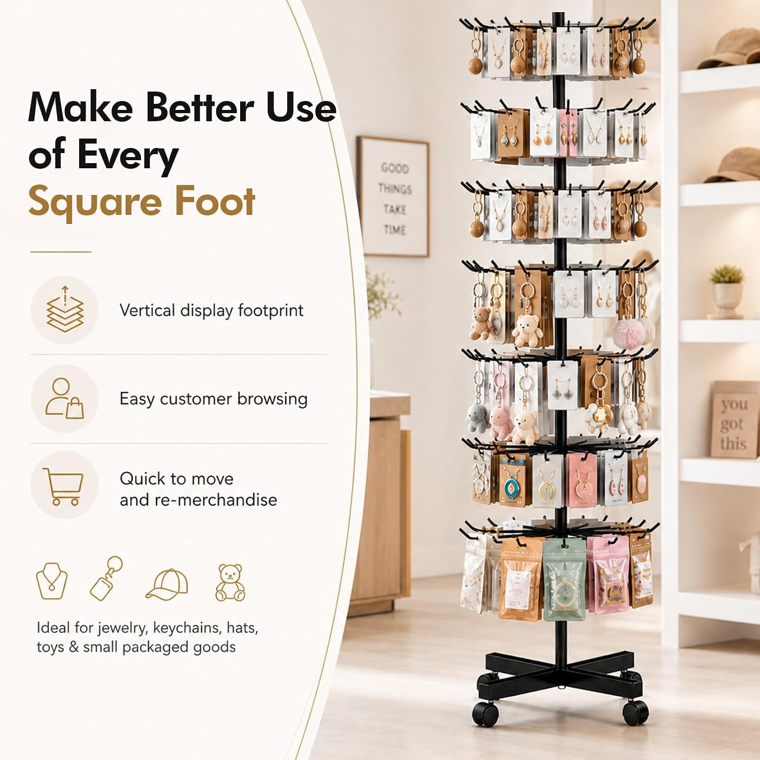 7-Tier Heavy Duty Rotating Display Rack with Wheels, Metal Floor Spinner Stand for Retail Store, Adjustable Keychain & Jewelry Display Shelves for Craft Fair & Showroom