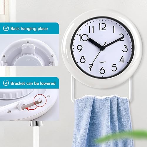 Miniatura 3 de Reloj de pared impermeable para baño con toallero, movimiento de cuarzo, marco de plástico, flexible para colgar o estar de pie, reloj pequeño