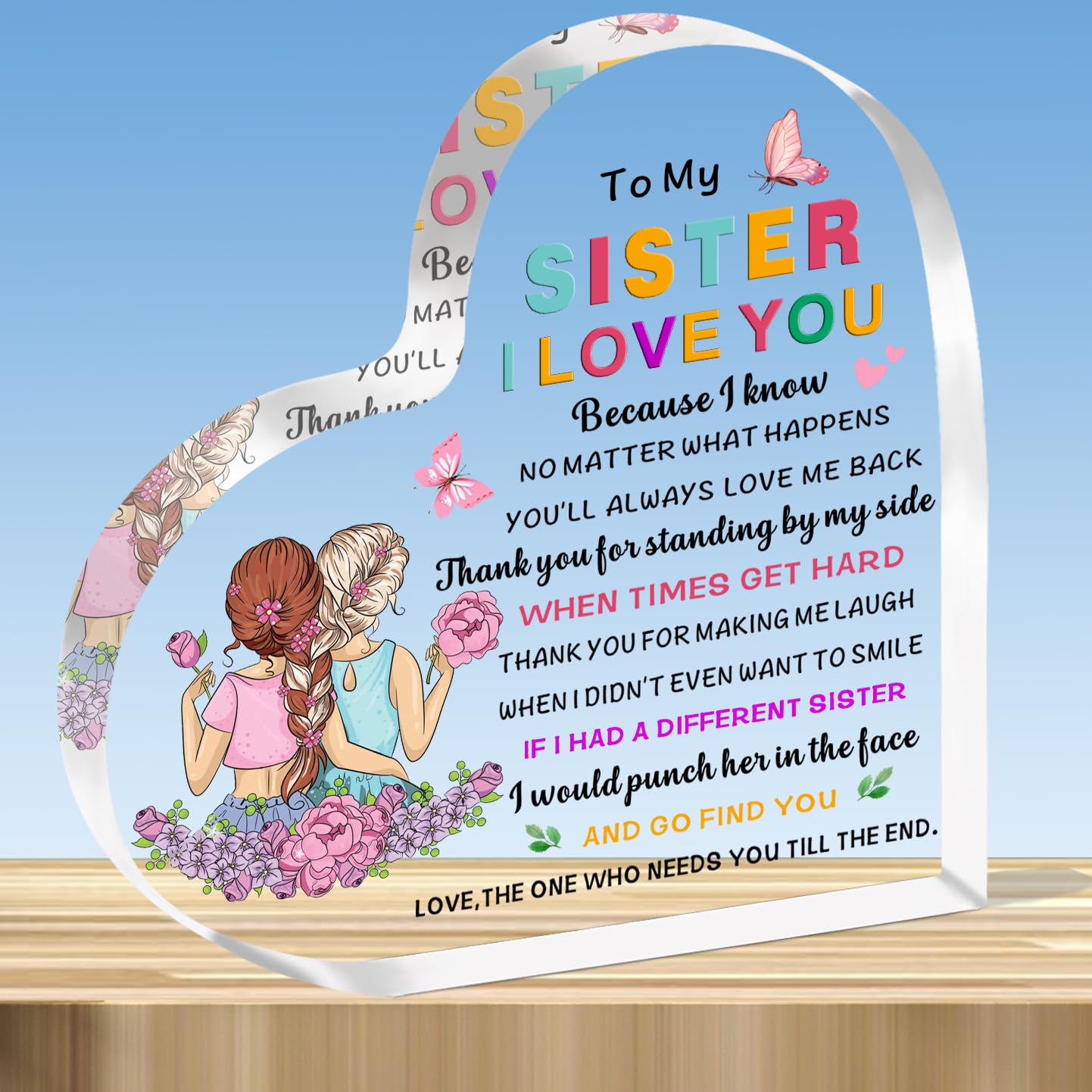 JMIMO Sister Gifts Funny Transparent Heart Shaped Acrylic Plaque Christmas Birthday Gifts for Sister