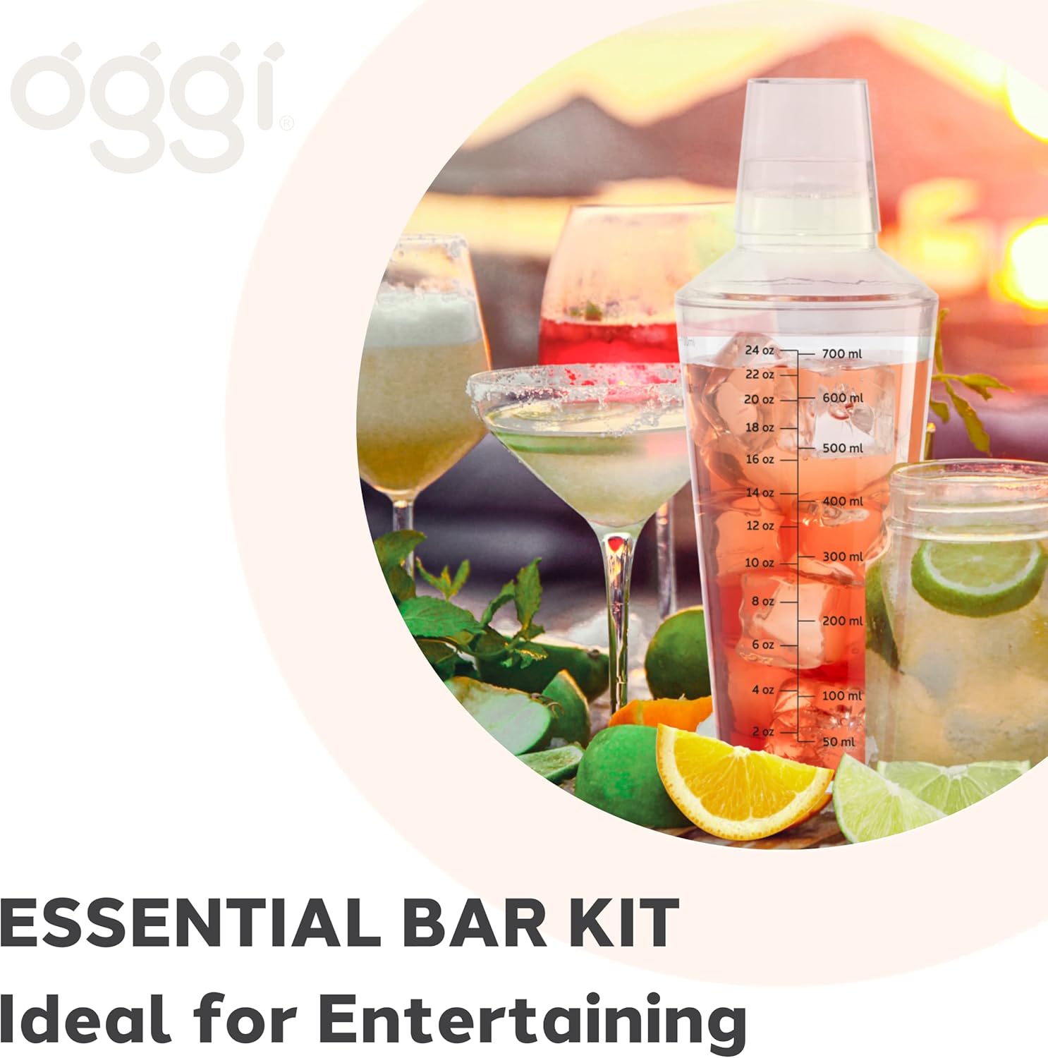 OGGI Clear Cocktail Shaker - 24 oz / 700 ml, Clear Durable Plastic Construction, Built in Strainer - Ideal Home Bar Drink Mixer, Bartender Kit, Essential Bar Accessories (Pack of 4)