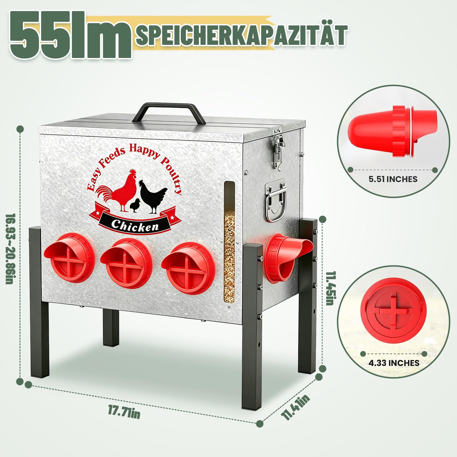 25 kg Futterautomat für Hühner, Hühnerfutter Automat mit 8 Fütterungsöffnungen, Fenster, Höhenverstellbar, Rattenfest Futterspeicher für Hühner, Enten, Gänse, Zubehör für Hühnerstall