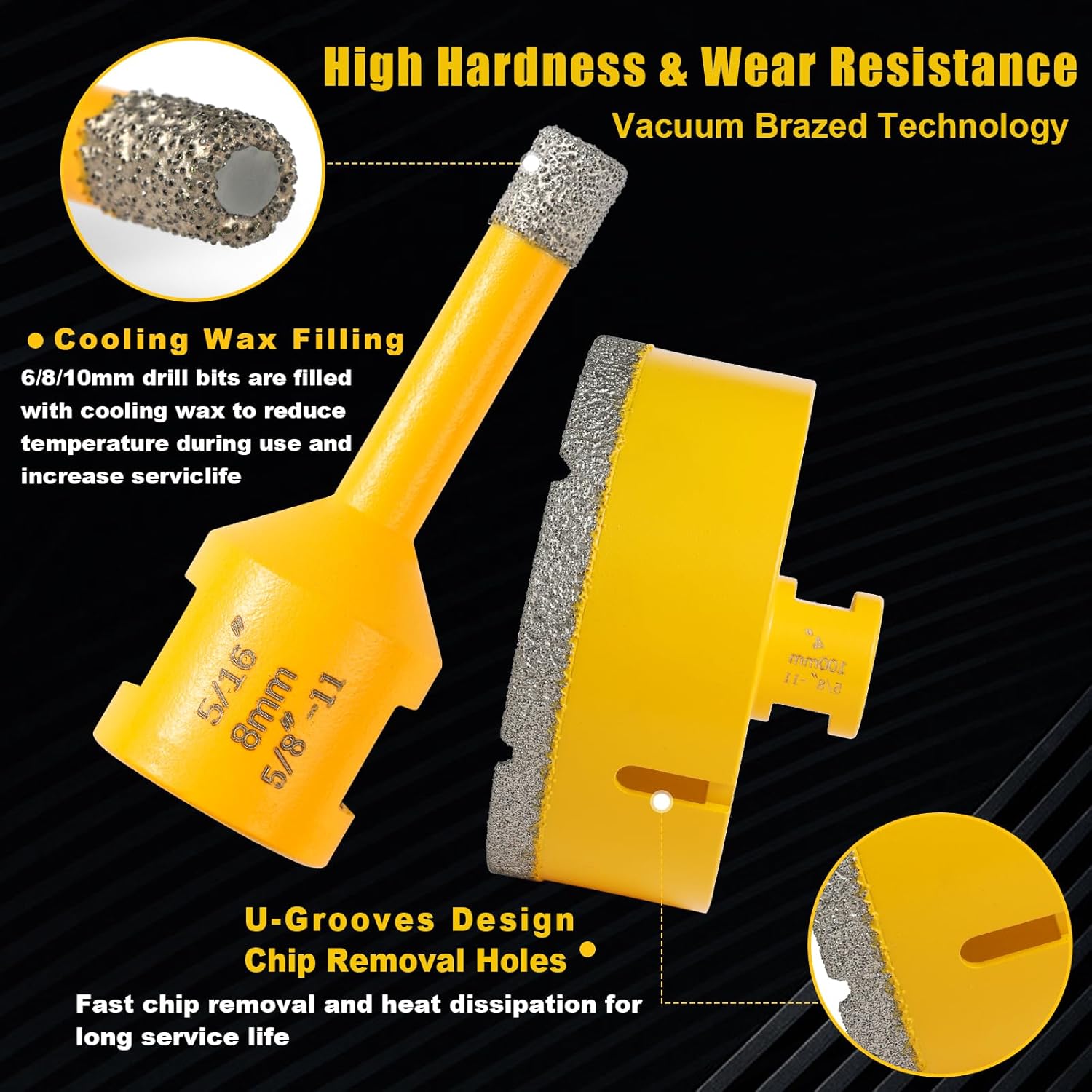 14Pcs Diamond Tile Hole Saw Kit,6/6/8/20/25/35/50/75/100MM Core Drill Bits Set with 2" Chamfer Bits and 4.9" Diamond Blades for Marble Ceramic Porcelain Tile