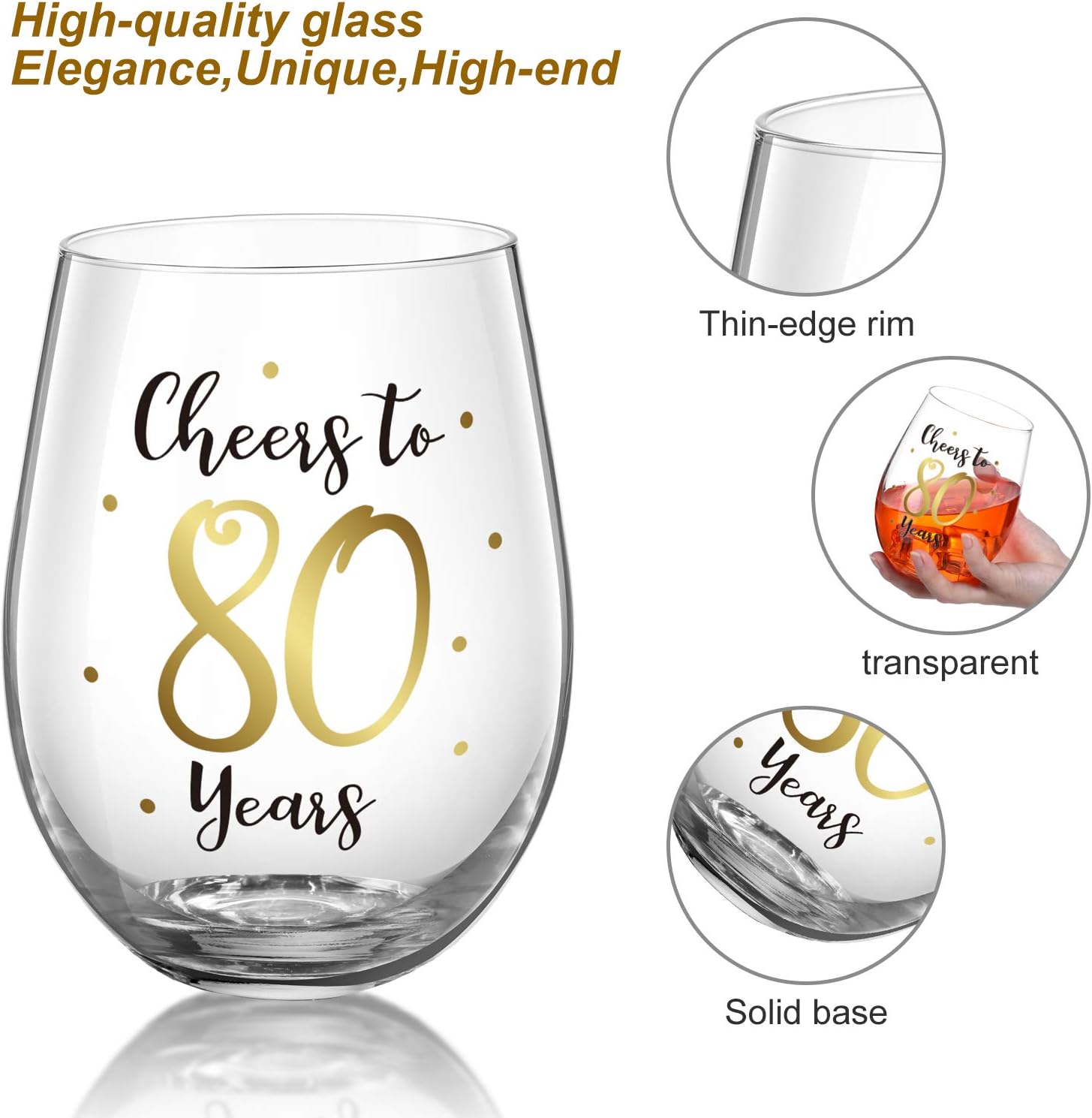 Gold Stemless Wine Glass, Birthday Party & Wedding Anniversary Present - 17 oz (Cheers to 80 Years) - Image 5
