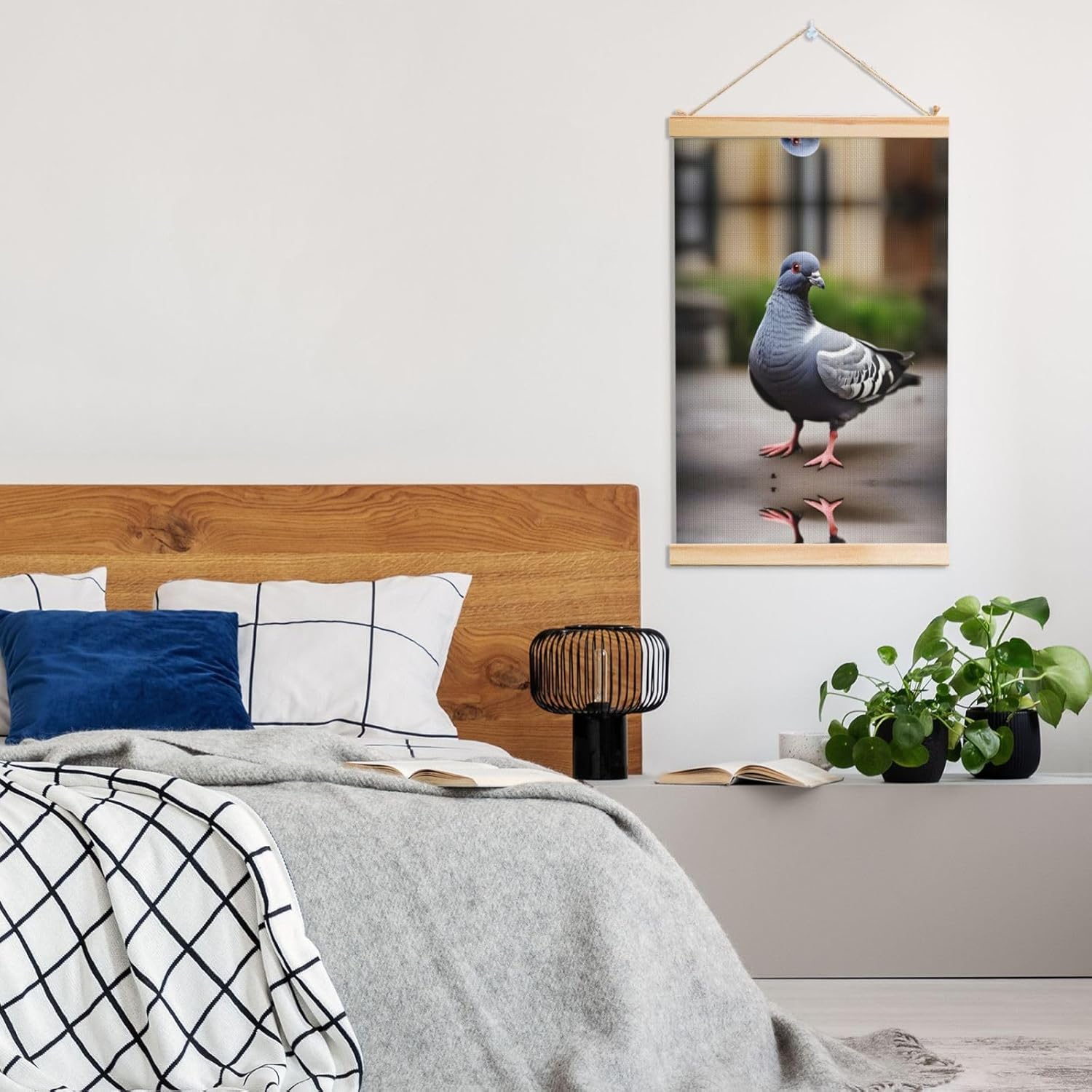 Grey Pigeon Print Poster Hanger,Hanging Poster, Poster Frame,Wood Poster Hanger, For Wall Hanging