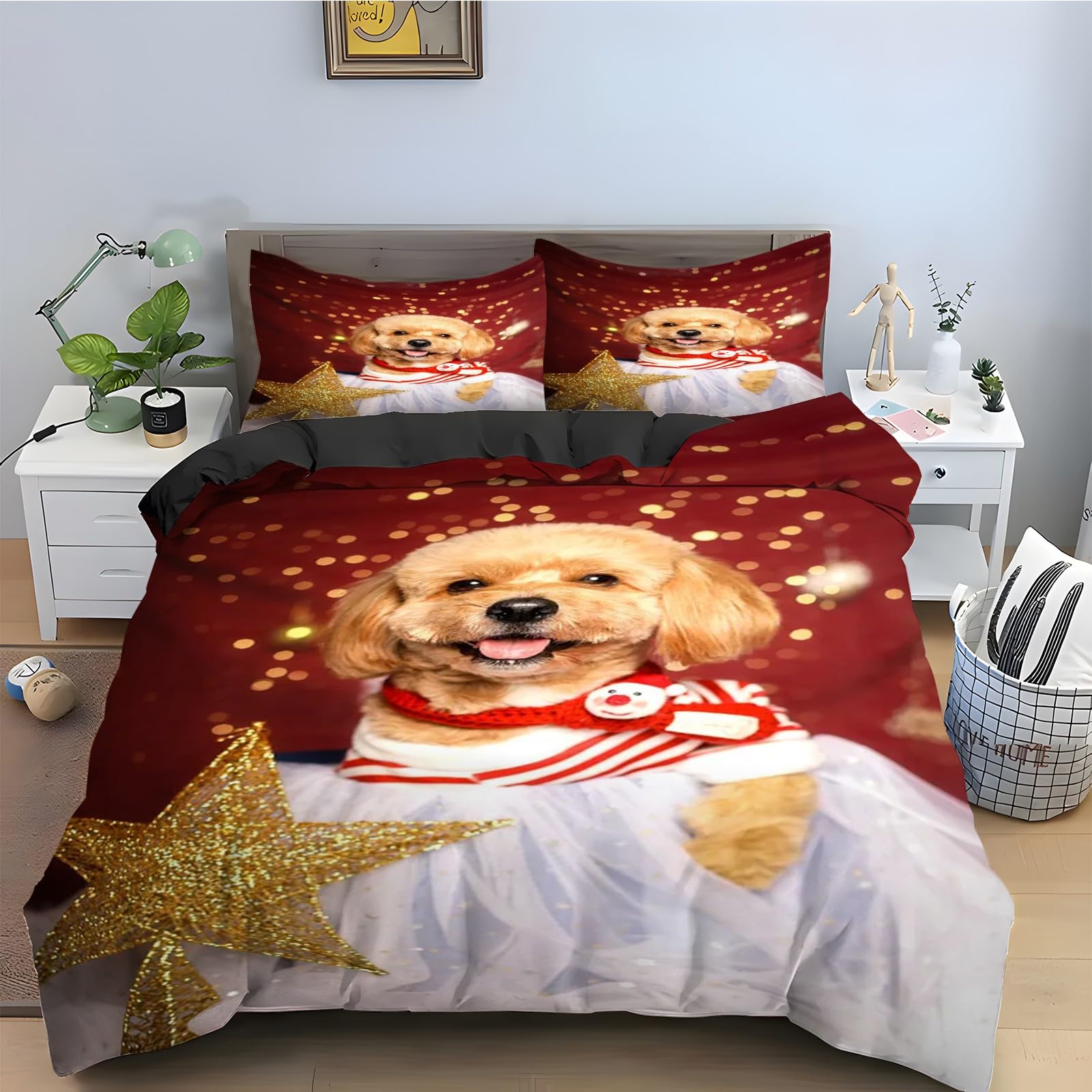 Housse de couette 200x200 caniche avec 2 taies d'oreiller motif étoiles