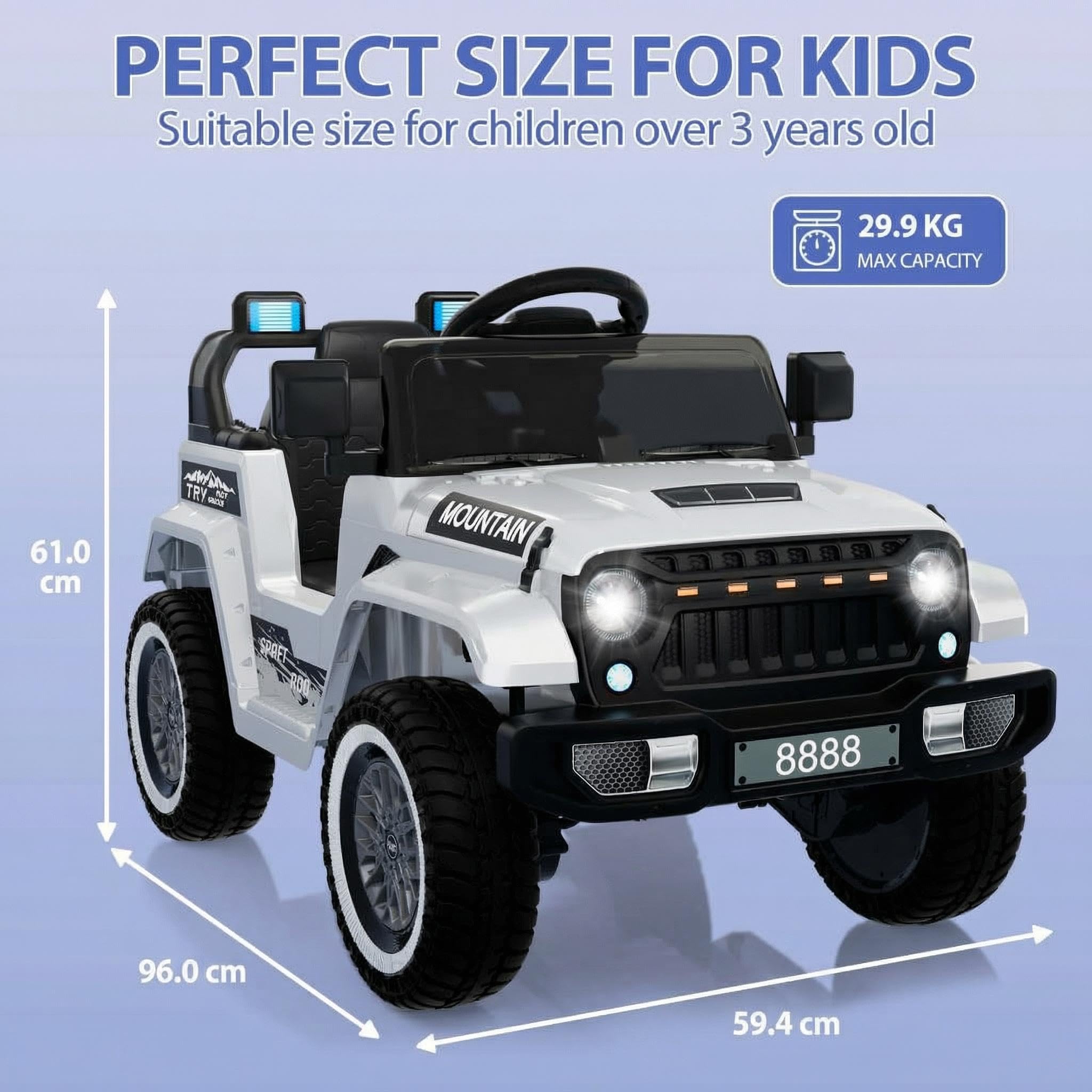 GarveeTech 12V Kinder Elektroauto mit Fernbedienung – LED-Lichter, Musik, kabellos, Hupe, 3 Geschwindigkeiten, Sicherheitsgurt – elektrisches Kinderfahrzeug für Jungen & Mädchen 3-8 Jahre – Weiß